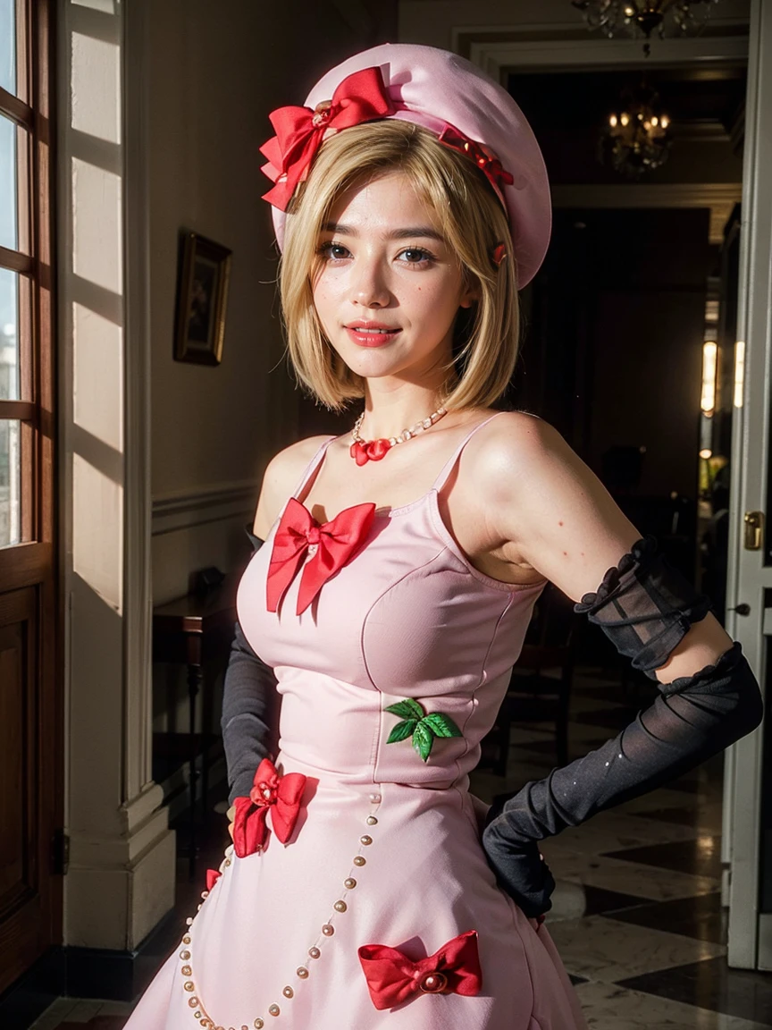 (1 lady), The beautiful, (Best quality at best:1.4), (ultra - detailed), (extremely detailed CG unified 16k), gold blonde hair, very detailed, High-definition RAW color photo, professional photoshooting, amazing face and eyes, cosmetics, (amazingly beautiful girl), ((lambdadelta, tall woman, taller)), ((dress, red bow, pink hat, necklace, gloves, pearl, pink dress)), standing, realistic cinematic face, photo portrait, upper body (shoulders to head), photorealistic, ((realistic natural blonde hair style, red eyes)), gorgeous, extremely beautiful face, perfect model beauty, pout mouth, flirting smile, cleavages, city girl, western, (masterpiece), best quality, high resolution, extremely detailed, blurred background, depth of field, cinematic lighting, clear and well-cared skin