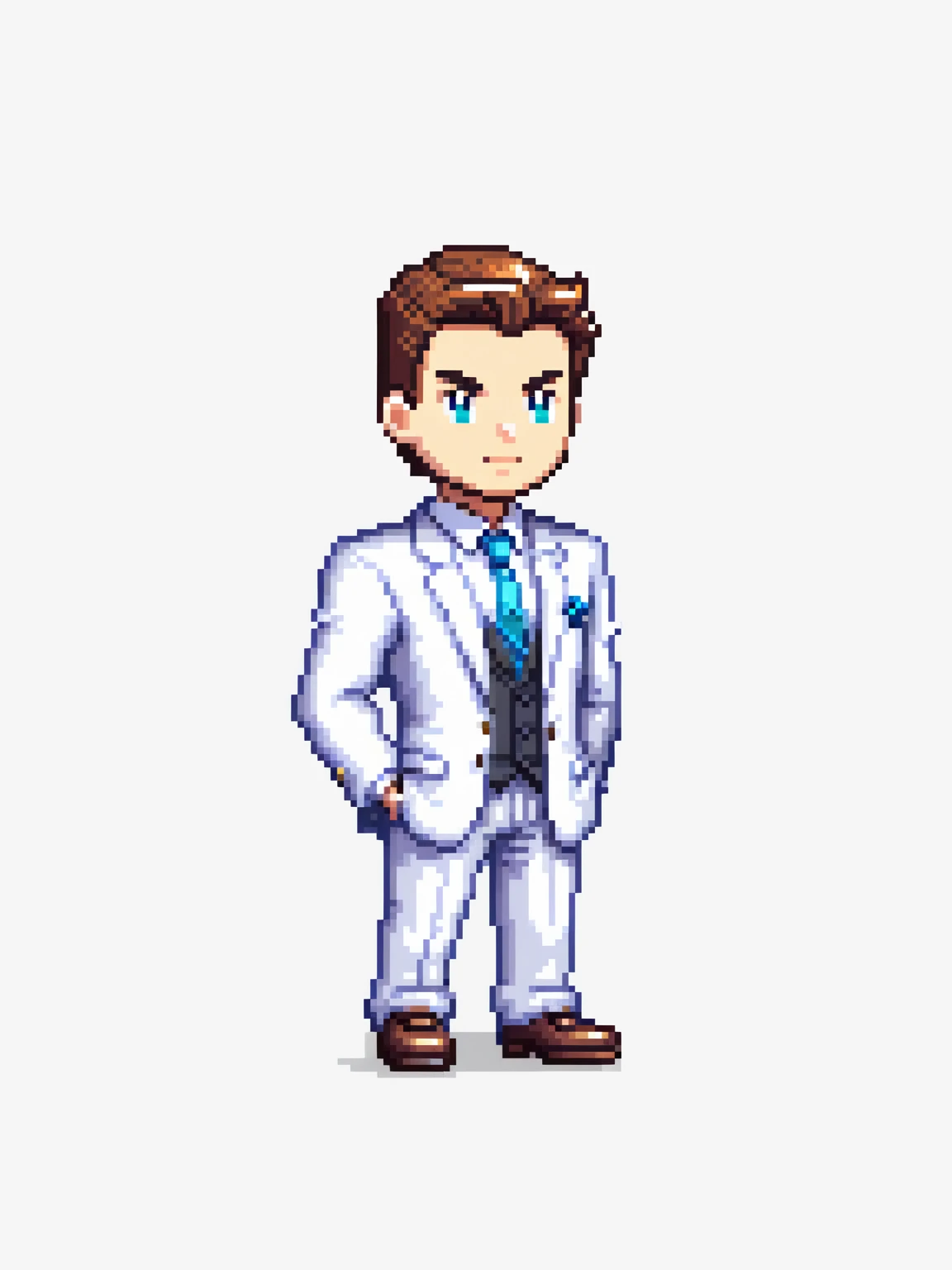pixel art, business man, character de jogo adulto, color white, roupa white, simple white background, game icon, 64 bit style