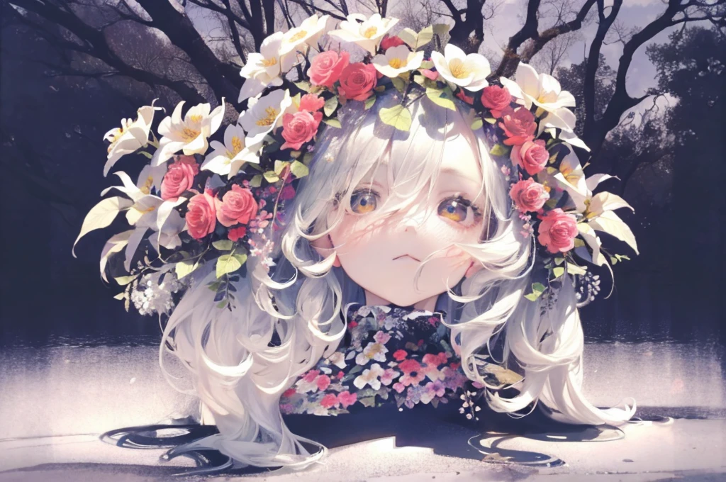 solo,1female\(chibi,cute,kawaii,age of 10,hair color white,braid hair,messy hair,eye color gray,big eyes,white skin,(monochrome:1.2),lean on,(full body:1.5)\),background\((many beautiful flowers and petal:1.4),(colorful:1.6),messy tiny room\),double exposure, BREAK ,
quality\(8k,wallpaper of extremely detailed CG unit, ​masterpiece,high resolution,top-quality,top-quality real texture skin,hyper realisitic,increase the resolution,RAW photos,best qualtiy,highly detailed,the wallpaper\)