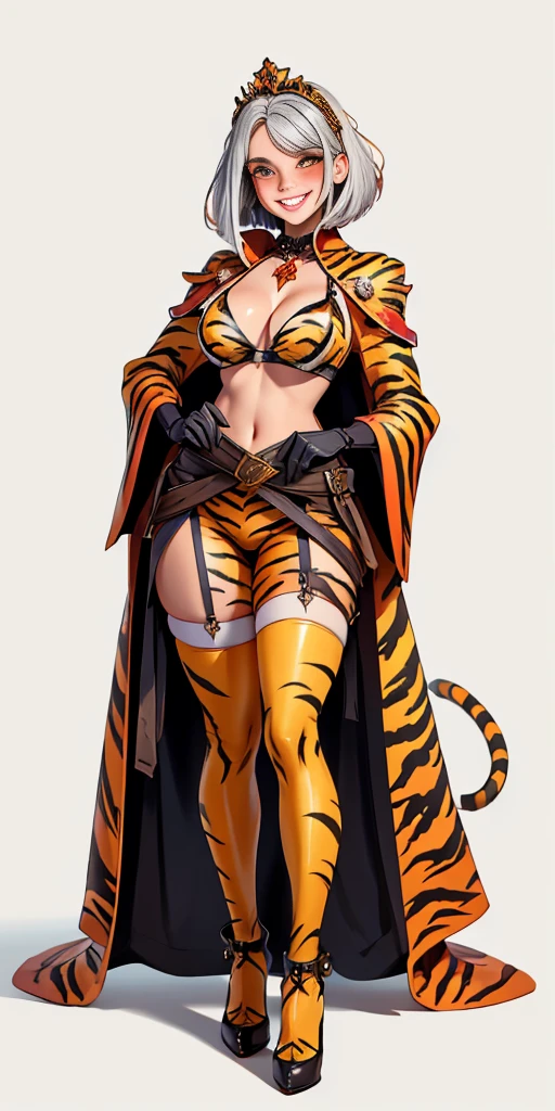 ((Masterpiece plain background,1:2, masterpiece)) full body MILF BIMBO standing with two long yellow tiger print stockings thighs and two high heels, red eyes, silver white hair, short bob style hair, big breasts, cleavage, separate sleeves yellow tiger print, tiara royal, long cape up to two feet, yellow tiger bikini print, hands on waist, navel, lustful smirking smiling, smile face (red blushed, red cheeks)