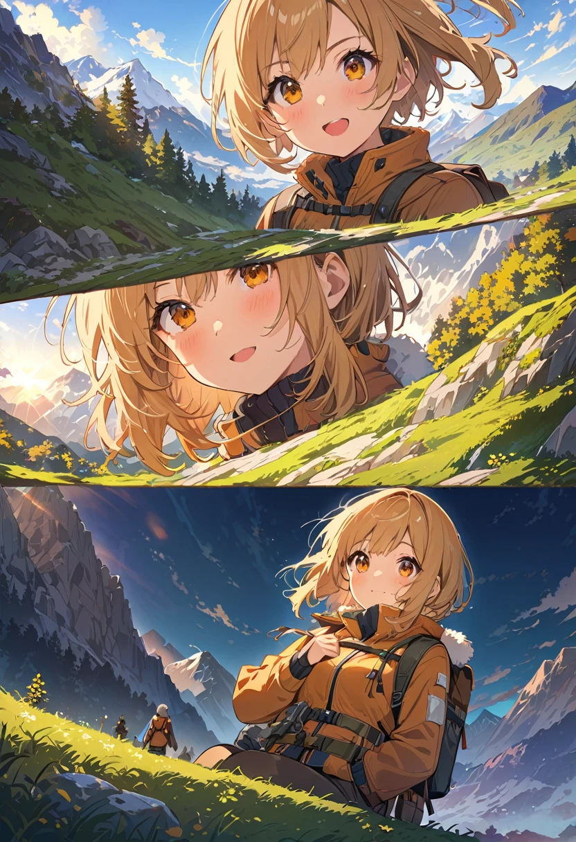 highest quality, masterpiece, Highly detailed background, Majestic Mountain々Back view of a girl climbing a hill, ((Winter mountaineer style clothing)), A person stretching out in the sunlight shining in from the mountaintop, Beautiful landscape in earth tones, A Hopeful Outlook, Expressions that give viewers a gentle feeling, Focus on the landscape、Make portrait smaller..