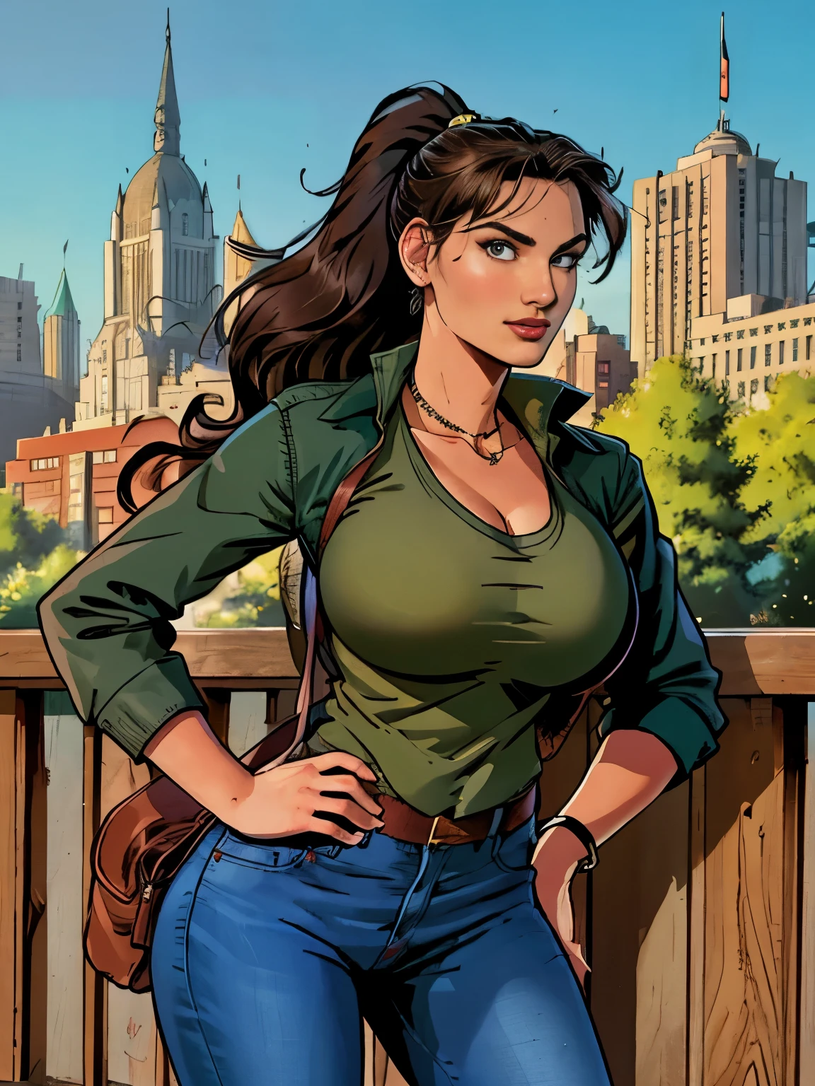 (masterpiece, top quality, best quality, official art, beautiful and aesthetic:1.2), (1girl:1.3), dark brown hair pulled back, elegant updo, extremely detailed, portrait, looking at viewer, facing viewer, solo, (full body:0.6), detailed background, close up, kindly eyes, (warm summer park theme:1.1), busty woman, charlatan, smirk, mysterious, long hair, huge ponytail, slim, thin, athletic, womanly, elastic woman, dark green jacket, tank top, blue jeans, hair bandana, camera bag, brunette, city, heroic, cheerful, city exterior, park, street, daylight, soft lighting, natural lighting, athletic, strong, slim waist, slim hips, long legs, muscular legs, modern (city park exterior:1.1) background, bright mysterious lighting, shadows, magical atmosphere, dutch angle,
