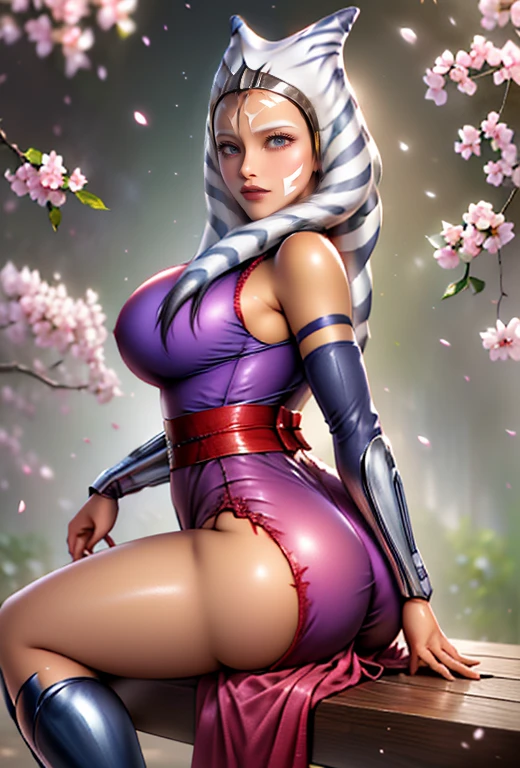 (((ahsoka))) (Bright red rouge lips) Super big boobs Chubby Plump Super big butt Wet ass Big eyes SakuraFubuki ((Gorgeous super shiny purple long cheongsam)) ((Knee-high boots)) garter belt 8K Photorealistic ((Cherry tree in full bloom)) (A large amount of falling cherry blossom petals) ((Morning Glow)) ((Sit) (( sitting upright)) ((make eye contact)) ((stick out your butt))