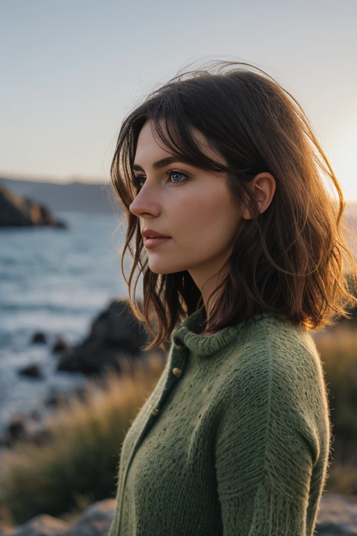 1 woman ((upper body, )), (looking at the sea), masterpiece, best quality, ultra-detailed, soil, outdoors, mountains, nature, (stars, moon), rocks, sea, sunset, clear sky, style, woman with short and unkempt hair, dark brown hair, beautiful woman, green eyes, western woman (warm hue, warm tone), short and unkempt hair