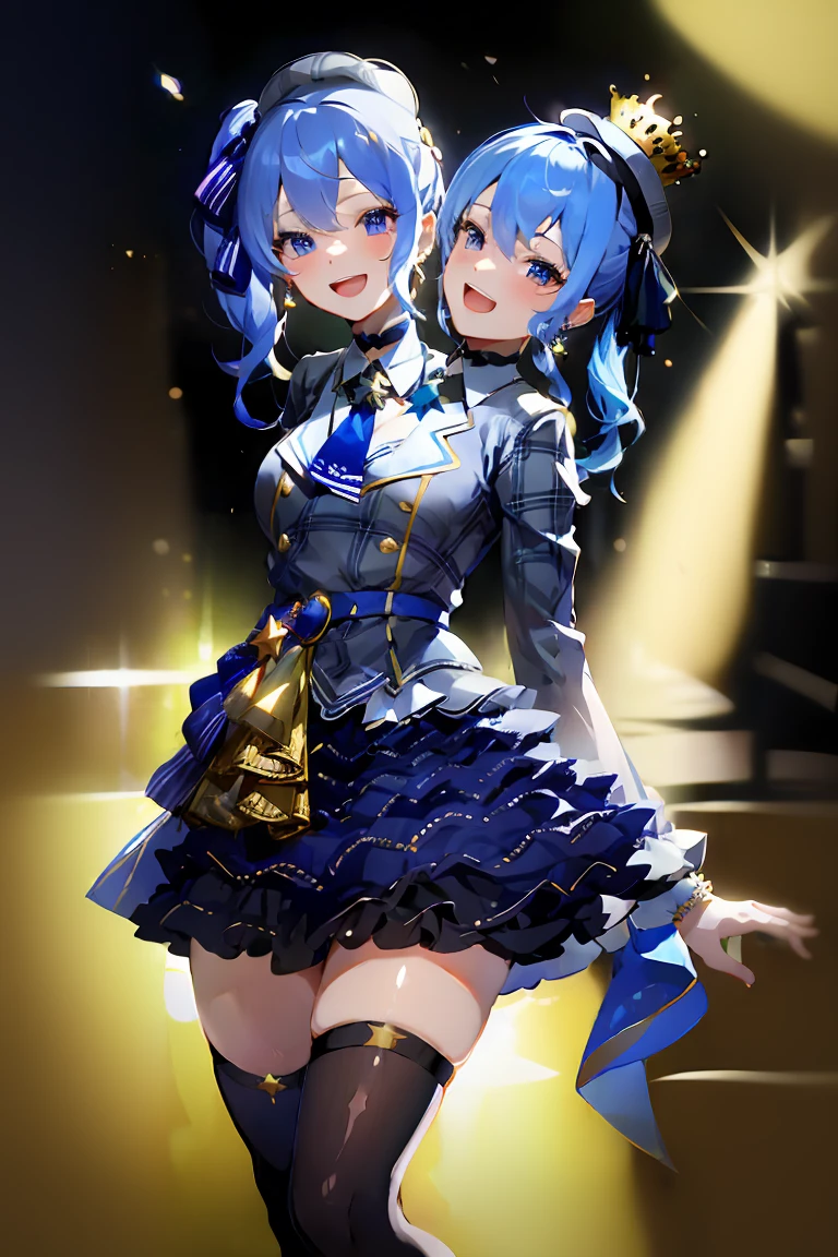 (masterpiece, best quality), best resolution, (2heads:1.5), dynamic angle, HoshimachiSuisei, side ponytail, blue hair ribbon, SuiseiBase, plaid beret, crown, blue star choker, star earrings, blue ascot, plaid jacket, plaid skirt, layered skirt, partially fingerless gloves, star bracelet, uneven legwear, thigh strap, standing, waving, smile, open mouth, look at viewer, happy, wink, concert stage, starfield, spotlight