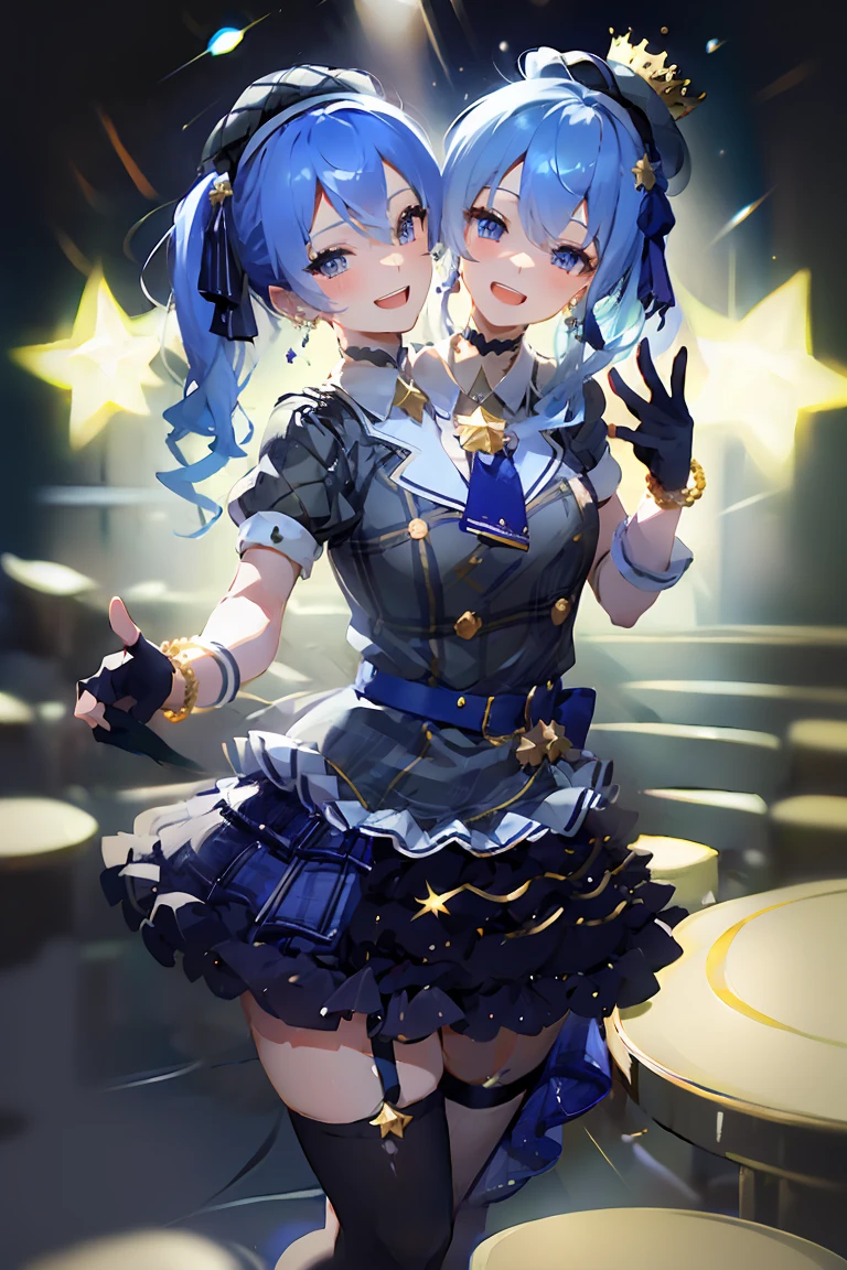 (masterpiece, best quality), best resolution, (2heads:1.5), dynamic angle, HoshimachiSuisei, side ponytail, blue hair ribbon, SuiseiBase, plaid beret, crown, blue star choker, star earrings, blue ascot, plaid jacket, plaid skirt, layered skirt, partially fingerless gloves, star bracelet, uneven legwear, thigh strap, standing, waving, smile, open mouth, look at viewer, happy, wink, concert stage, starfield, spotlight