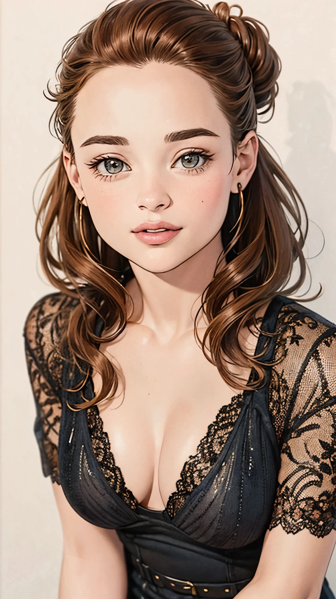 A beautiful young woman, Joey King, full body portrait, line art, high-quality ink drawing, ultra-detailed, realistic shading, vibrant colors, elegant posture, hanging out, vivid colors, flat image, top knot, chestnut brown hair, skin tight outfits