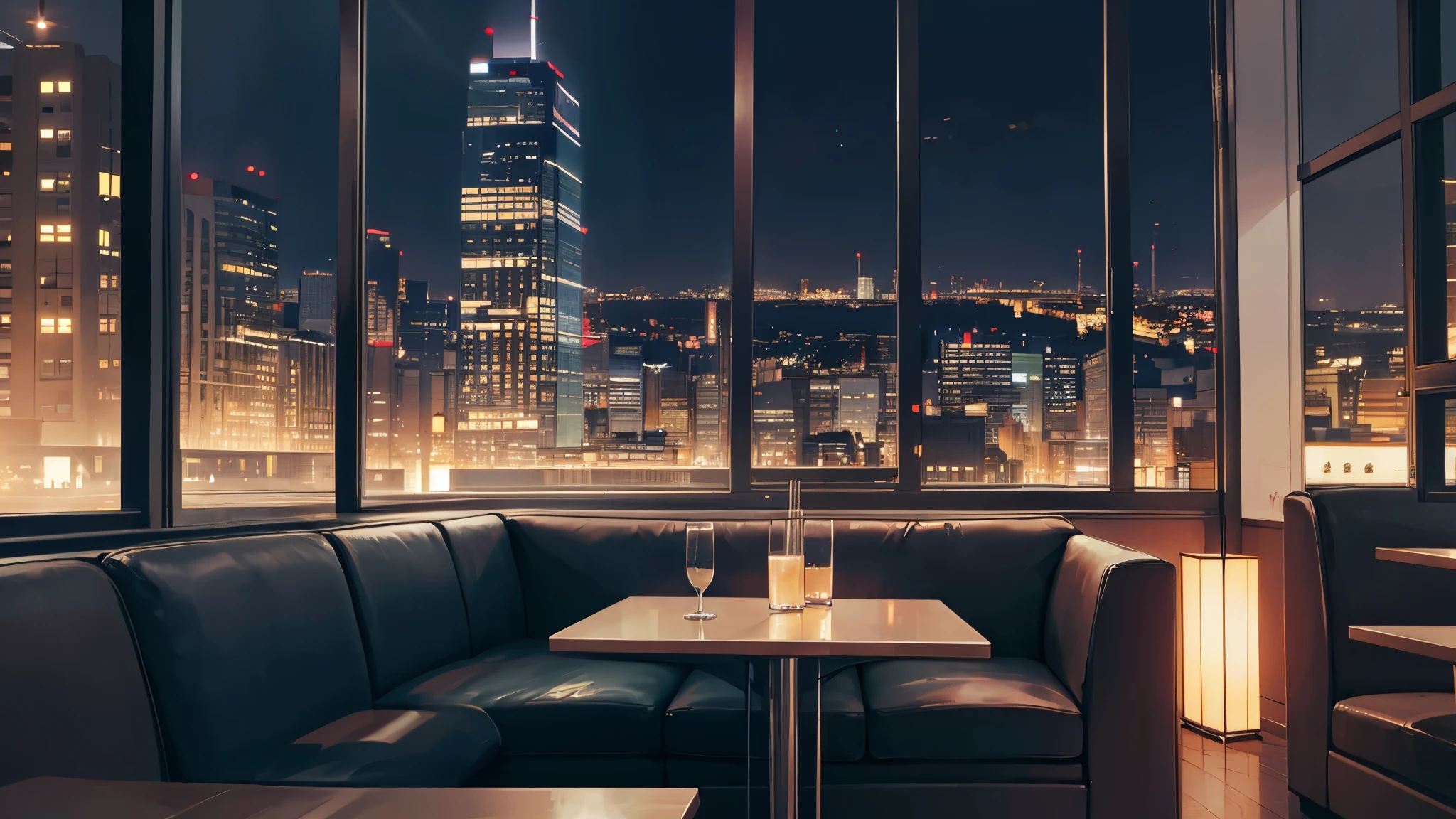 an interior of a cafe, table, sofa, window, city in the background, (casual, minimalist), (((night))), masterpiece, best quality, sharp focus, (cinematic shot),