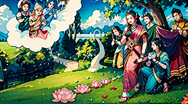 historical indian queen with 4 female servants in a garden in front of a large tree, a row of 7 pink lotus blossoms is lined up on the path , hindu deities floats in a cloud to the top left, morning, blue sky