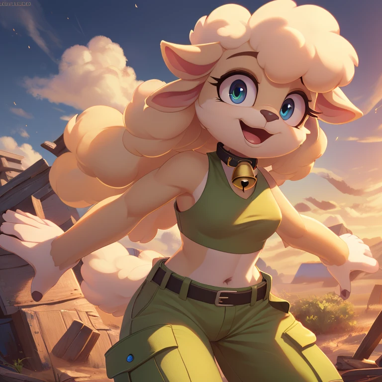 Lanolin the sheep, female anthro, high resolution, beautiful face, beautiful eyes, hyper detailed, Masterpiece, high quality, studio quality, intricate details, 8k, dynamic shot, HD, absurd res, digital media, ((yellow crop top, green cargo pants, bell collar, cute expression))