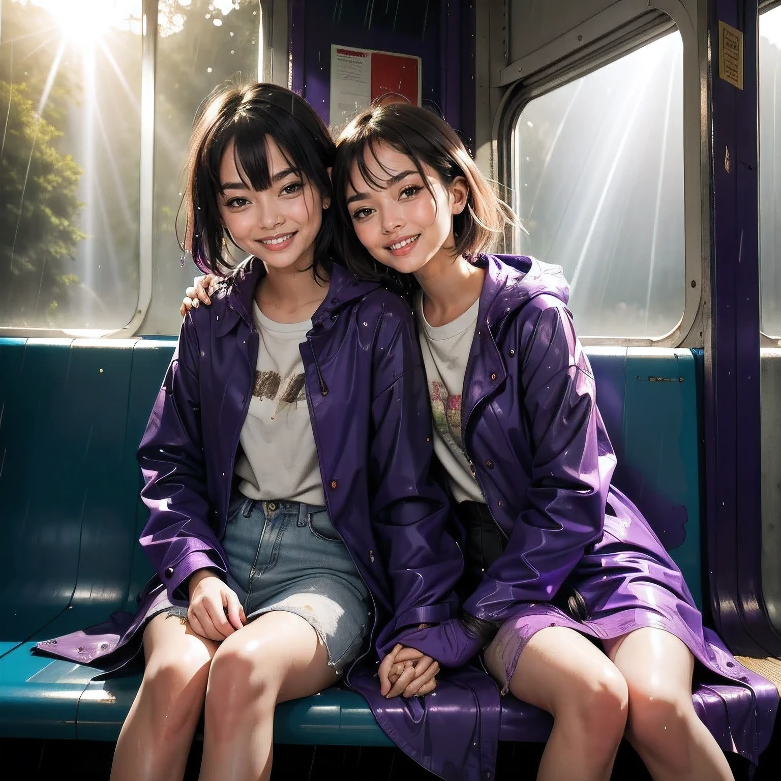 masterpiece, best quality, 2girls, (closeup), 18yo teen, slim, open purple raincoat, sitting, in abandoned train, hugging, lode, smile, heavy rain, downpour, flood, wasteland, grey, desolate, rain, sunny, (sun rays:1.3), watercolor,