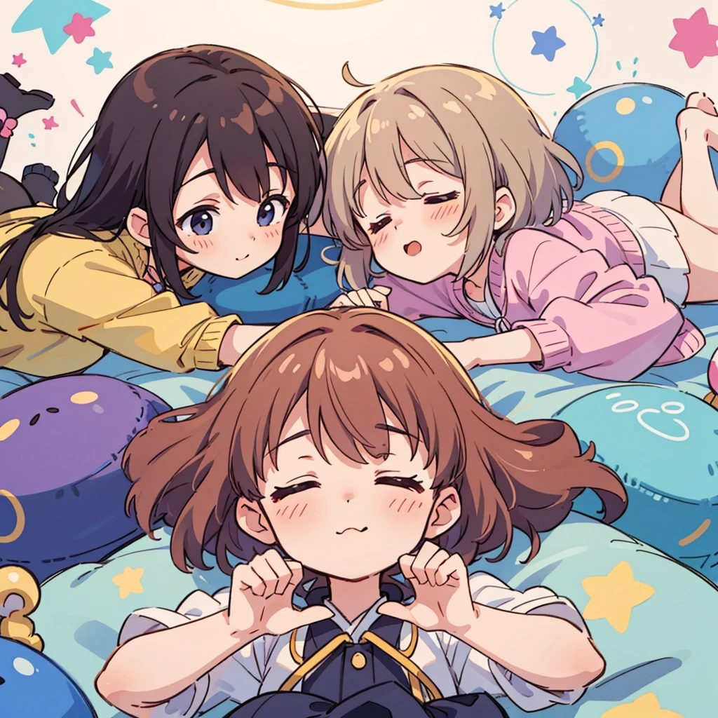 Cute girls lying down with their heads in the center in anime quality, 5Idol, Sleeping in a circle, Radial, Jacket illustration, arious pose, Kyoto Animation,