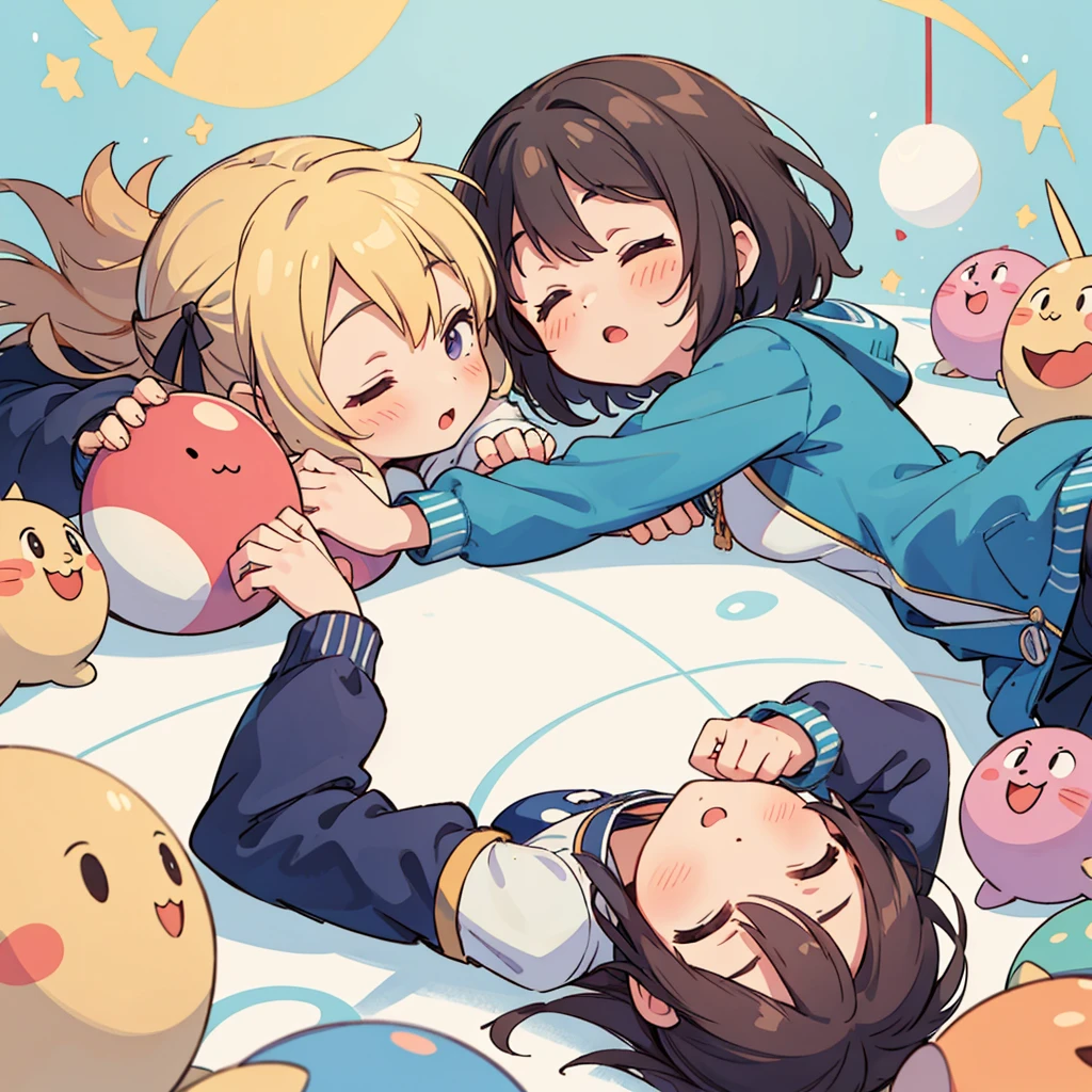 Cute girls lying down with their heads in the center in anime quality, 5Idol, Sleeping in a circle, Radial, Jacket illustration, arious pose, Kyoto Animation,