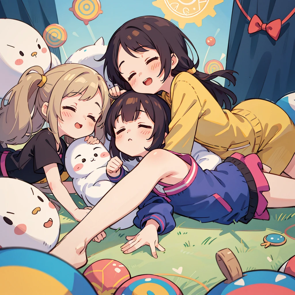 Cute girls lying down with their heads in the center in anime quality, 5Idol, Sleeping in a circle, Radial, Jacket illustration, arious pose, Kyoto Animation,