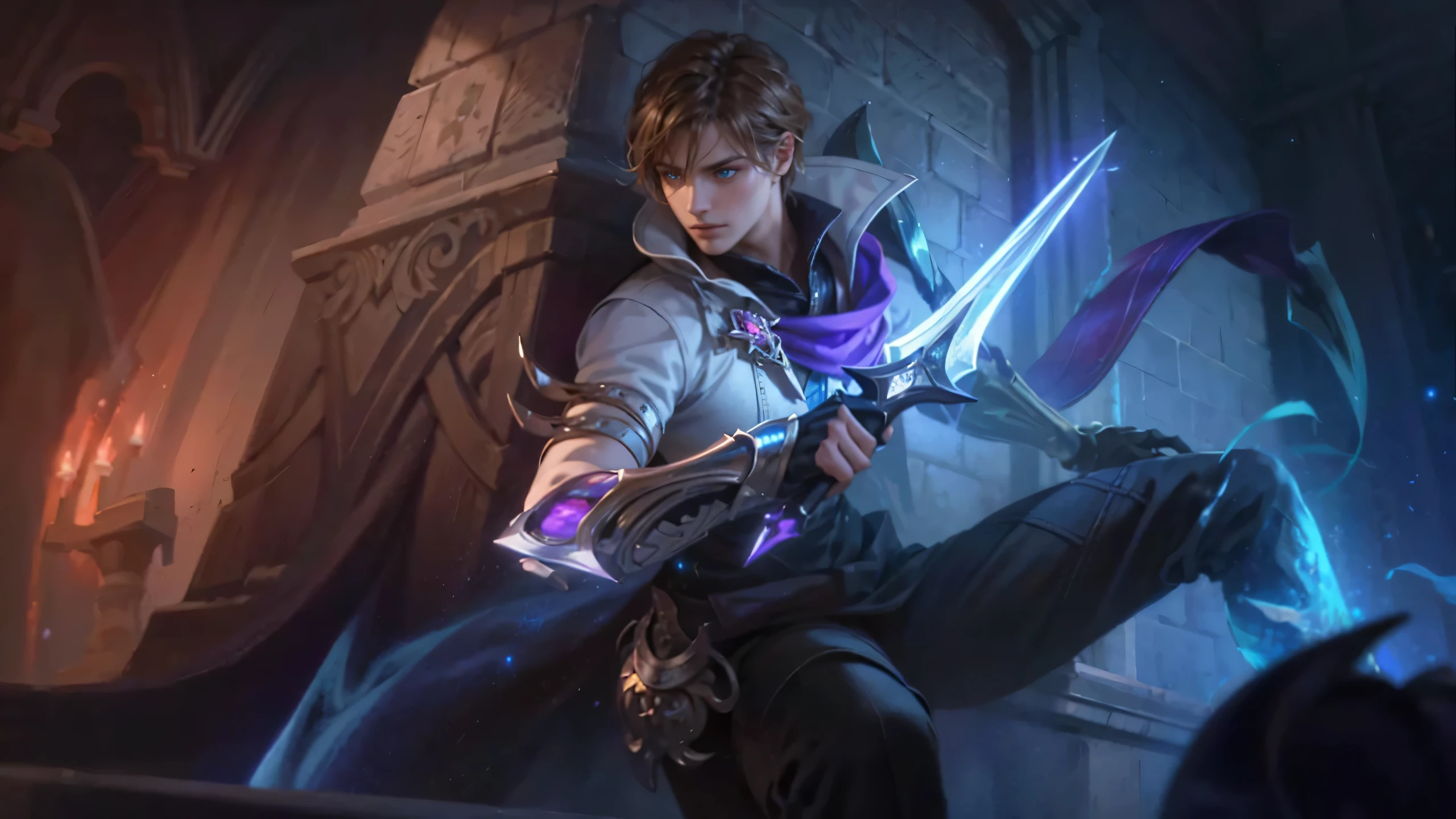 a close up of a person holding a sword in a room, masculine male, masterpiece, ((perfect eyes)) best quality, (semirealism:1.9), beautiful lighting, (extremely detailed CG unity 4k fhd wallpaper), High Detail, Sharp focus, dramatic outdoors, 1 boy ,19 years old, light purpel eyes, 8k, ultra hd, ultra detailed texture, hyper realistic, masterpiece, detailed texture, detailed face, detailed skin, detailed lighting, (photorealistic:1.5), best quality, beautiful lighting, cinematic lighting, professional lighting, ultra highres, realistic, detailed hair, real hair, high quality, (realskin:1.5), extremely detailed, finely detail, ultra-detailed, glare.