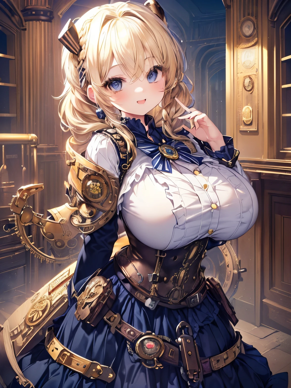 Masterpiece,Best Quality,(Super Detail),Perfect Lighting, Highly detailed CG,Super detailed,(Highly detailed eyes,Very cute face,Highly detailed face:1.3),Beautiful Anime Girl,(Solo Girl),(Super huge boobs:1.4),(Sensual,Glamorous:1.4),(Blonde,Shoulder-length medium hair,Twin braids,Let your hair hang forward:1.5),(Big light blue eyes),(Very happy smile,Open your mouth wide:1.3),break,(steampunk costume,White blouse,Navy tiered skirt:1.5),Steampunk Background,Steampunk City,Huge clock tower,Are standing,Dynamic Pose,Cowboy Shot