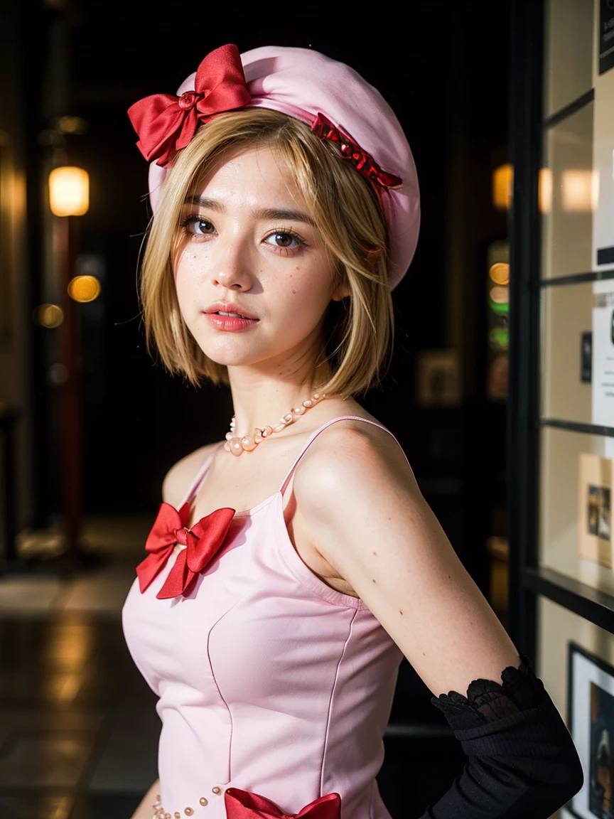 (1 lady), The beautiful, (Best quality at best:1.4), (ultra - detailed), (extremely detailed CG unified 16k), gold blonde hair, very detailed, High-definition RAW color photo, professional photoshooting, amazing face and eyes, cosmetics, (amazingly beautiful girl), ((lambdadelta, tall woman, taller)), ((dress, red bow, pink hat, necklace, gloves, pearl, pink dress)), standing, realistic cinematic face, photo portrait, upper body (shoulders to head), photorealistic, ((realistic natural blonde hair style, red eyes)), gorgeous, extremely beautiful face, perfect model beauty, pout mouth, flirting smile, cleavages, city girl, western, (masterpiece), best quality, high resolution, extremely detailed, blurred background, depth of field, cinematic lighting, clear and well-cared skin