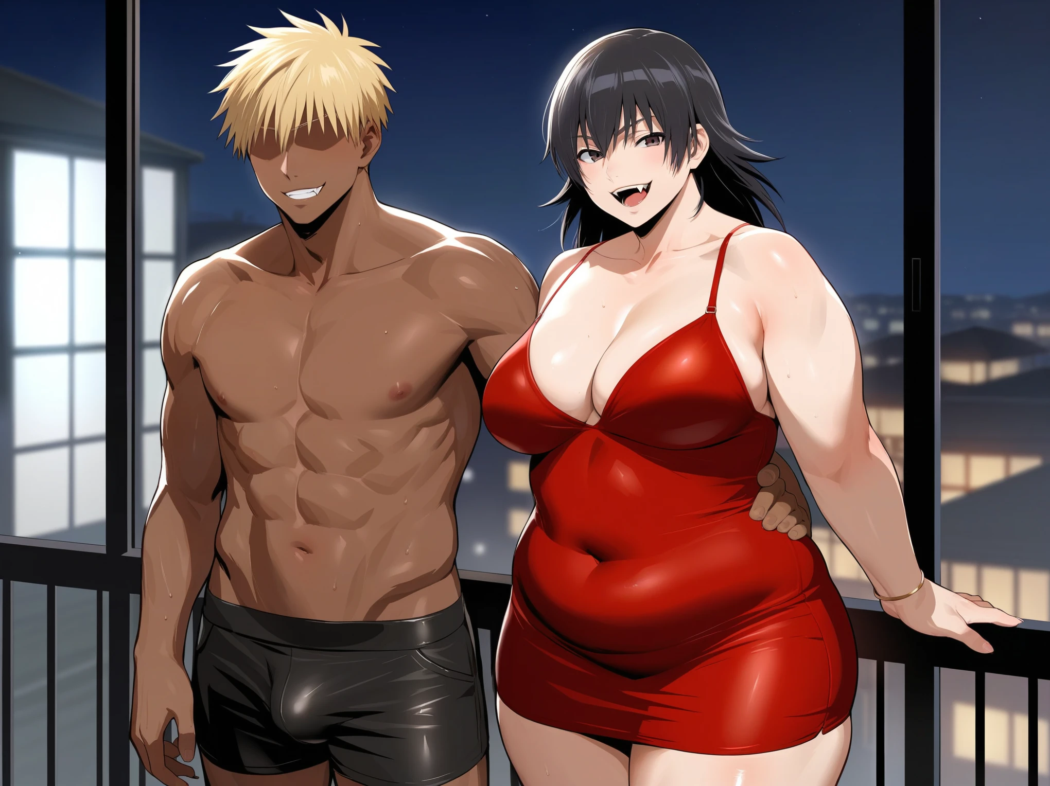 score_9, score_8_up, source_anime, standing, hellsing, seras, blonde hair, nude, indoors, night, night sky, nighttime, vampire, smirk, fangs, ikuchan, balcony, town background, clothed, male wearing shorts, muscular male, medium breasts, boyfriend, couple, sfw, looking at viewer, faceless male, dark skinned male, cuckold pov, ntr, netorare, standing side by side, standing, cuckolding, cuck, 1girl, 1boy, duo, ((duo focus)), black haired male, interracial, BLACKED, bbc, raceplay, smug, humiliation, ((faceless male)), ((size difference)), tall male, ((duo)), waist grab, ((dark skinned male))), gown, dress, bulge, rating:safe, navel, short dress, red dress, furry, tiger, anthro on human, tiger girl, chubby, bbw, ((furry)), tiger fur, chubby body, ((bbw)), milf, belly,
