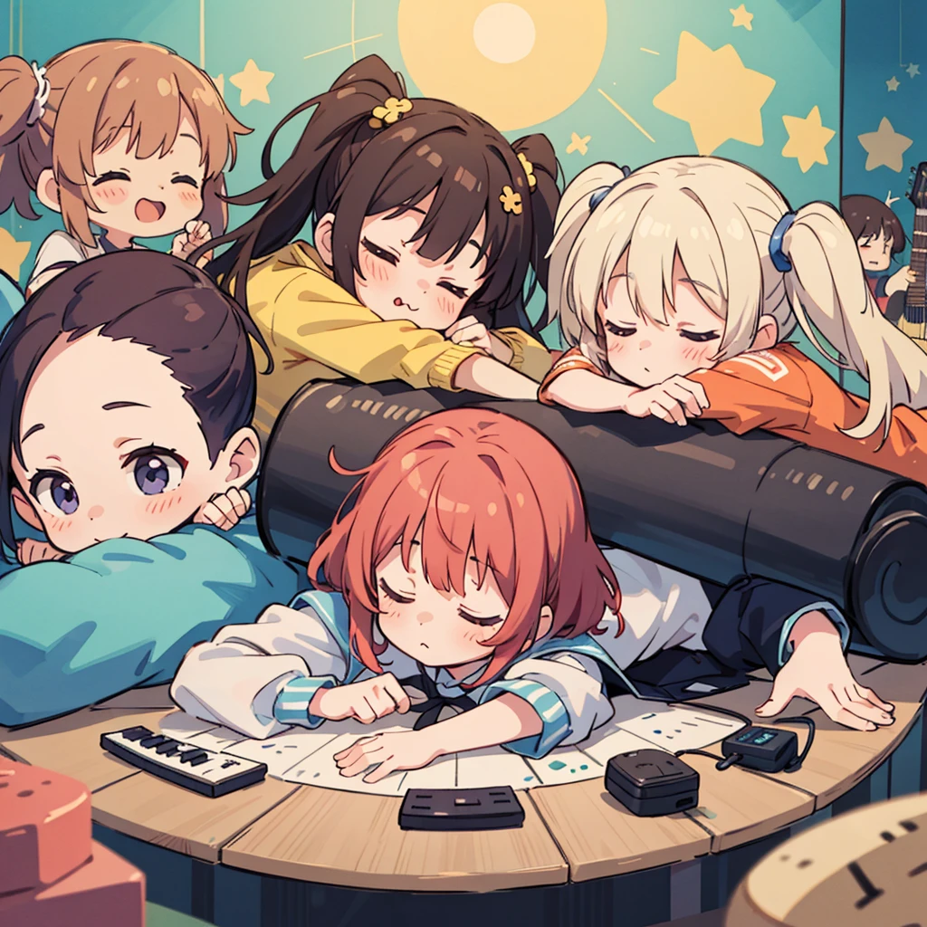 Cute girls lying down with their heads in the center in anime quality, 5Idol girls, band, guitar, drums, keyboard, Sleeping in a circle, Radial, Jacket illustration, arious pose, Kyoto Animation,