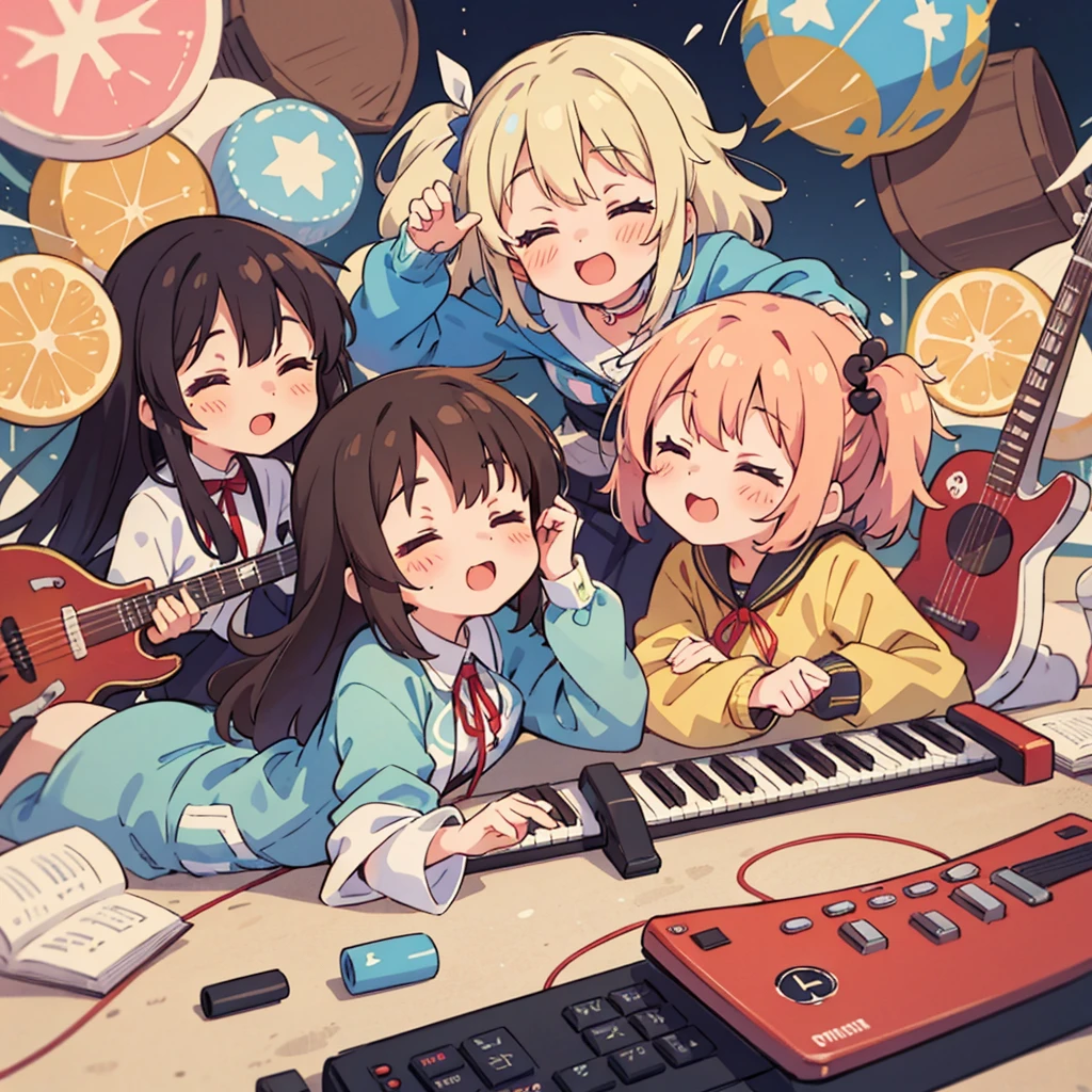 Cute girls lying down with their heads in the center in anime quality, 5Idol girls, band, guitar, drums, keyboard, Sleeping in a circle, Radial, Jacket illustration, arious pose, Kyoto Animation,