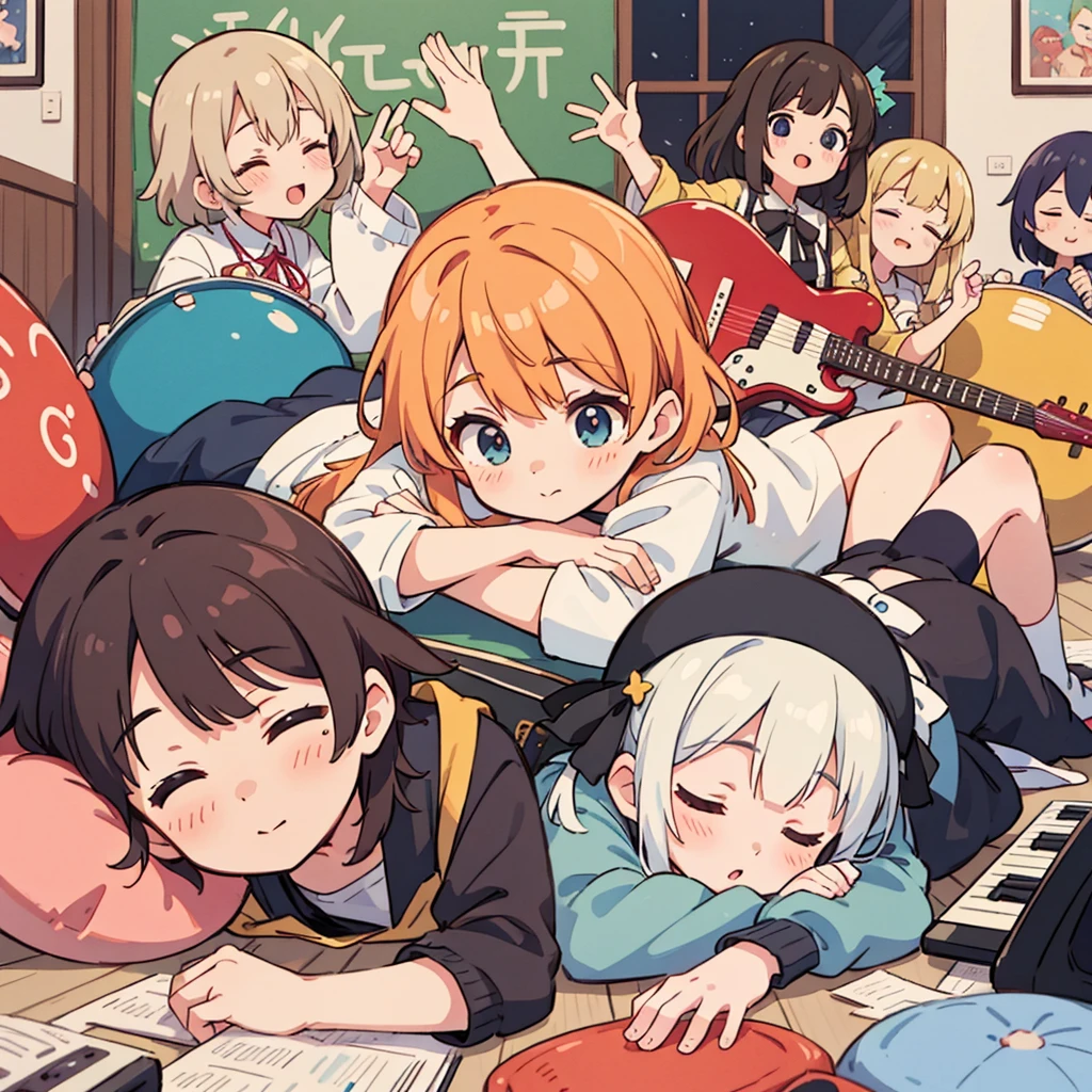Cute girls lying down with their heads in the center in anime quality, 5Idol girls, band, guitar, drums, keyboard, Sleeping in a circle, Radial, Jacket illustration, arious pose, Kyoto Animation,