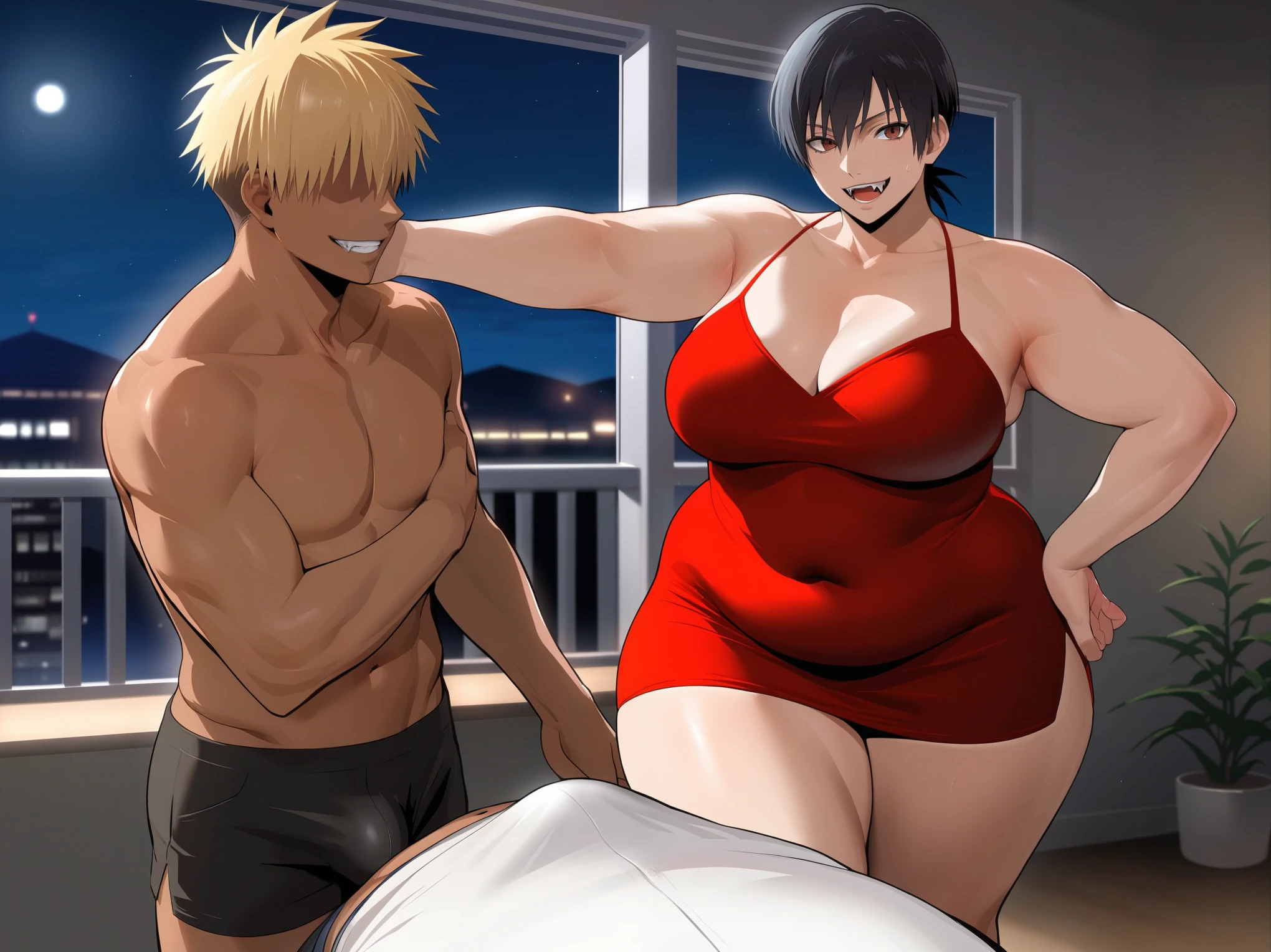 score_9, score_8_up, source_anime, standing, hellsing, seras, blonde hair, nude, indoors, night, night sky, nighttime, vampire, smirk, fangs, ikuchan, balcony, town background, clothed, male wearing shorts, muscular male, medium breasts, boyfriend, couple, sfw, looking at viewer, faceless male, dark skinned male, cuckold pov, ntr, netorare, standing side by side, standing, cuckolding, cuck, 1girl, 1boy, duo, ((duo focus)), black haired male, interracial, BLACKED, bbc, raceplay, smug, humiliation, ((faceless male)), ((size difference)), tall male, ((duo)), waist grab, ((dark skinned male))), gown, dress, bulge, rating:safe, navel, short dress, red dress, furry, tiger, anthro on human, tiger girl, chubby, bbw, ((furry)), tiger fur, chubby body, ((bbw)), milf, belly,