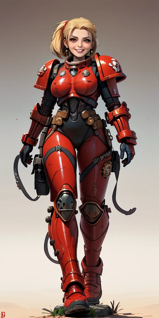 (masterpiece, best quality, 4k, 1girlsolo, 1MILF, mmplatz, smile, red cheeks, plain background:1.2), perfect face, perfect lighting, mature whsororitas with gloves red gauntlets in her hands like Cammy White from Street Fighter, bob white hair, warhammer 40k power armor suit, red eyes like rubies, full body armor, view from below, looking to the viewer