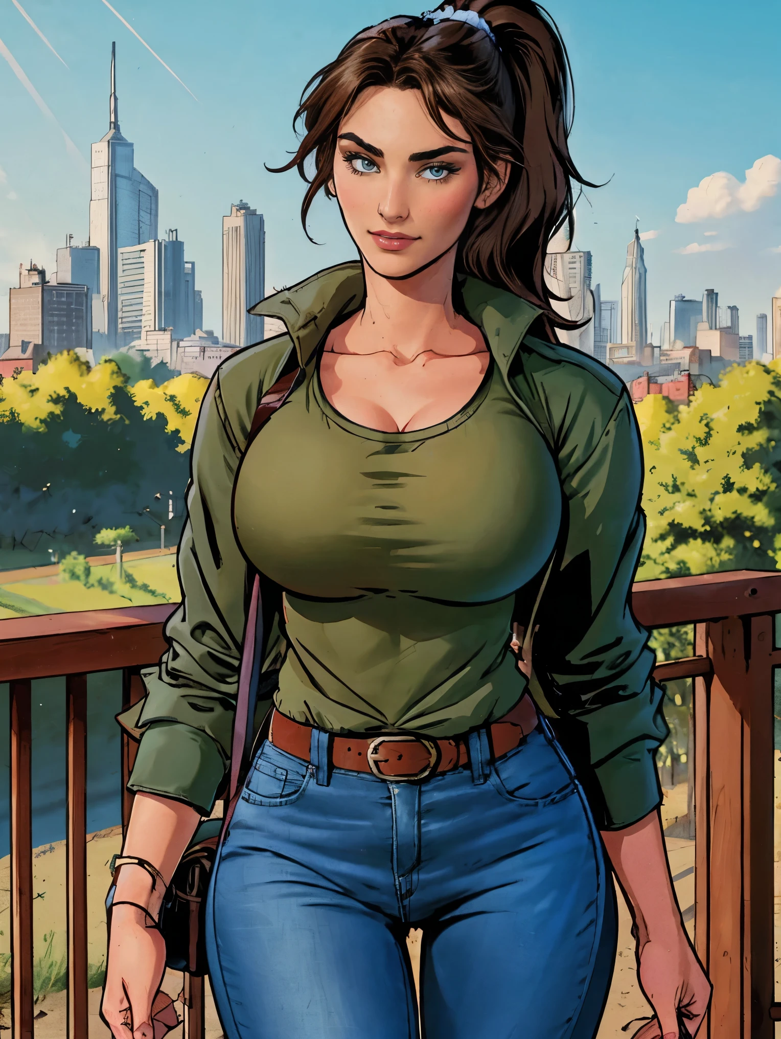 (masterpiece, top quality, best quality, official art, beautiful and aesthetic:1.2), (1girl:1.3), dark brown hair pulled back, elegant updo, extremely detailed, portrait, looking at viewer, facing viewer, solo, (full body:0.6), detailed background, close up, kindly eyes, (warm summer park theme:1.1), busty woman, charlatan, smirk, mysterious, long hair, huge ponytail, slim, thin, athletic, womanly, elastic woman, dark green jacket, tank top, blue jeans, hair bandana, camera bag, brunette, city, heroic, cheerful, city exterior, park, street, daylight, soft lighting, natural lighting, athletic, strong, slim waist, slim hips, long legs, muscular legs, modern (city park exterior:1.1) background, bright mysterious lighting, shadows, magical atmosphere, dutch angle,
