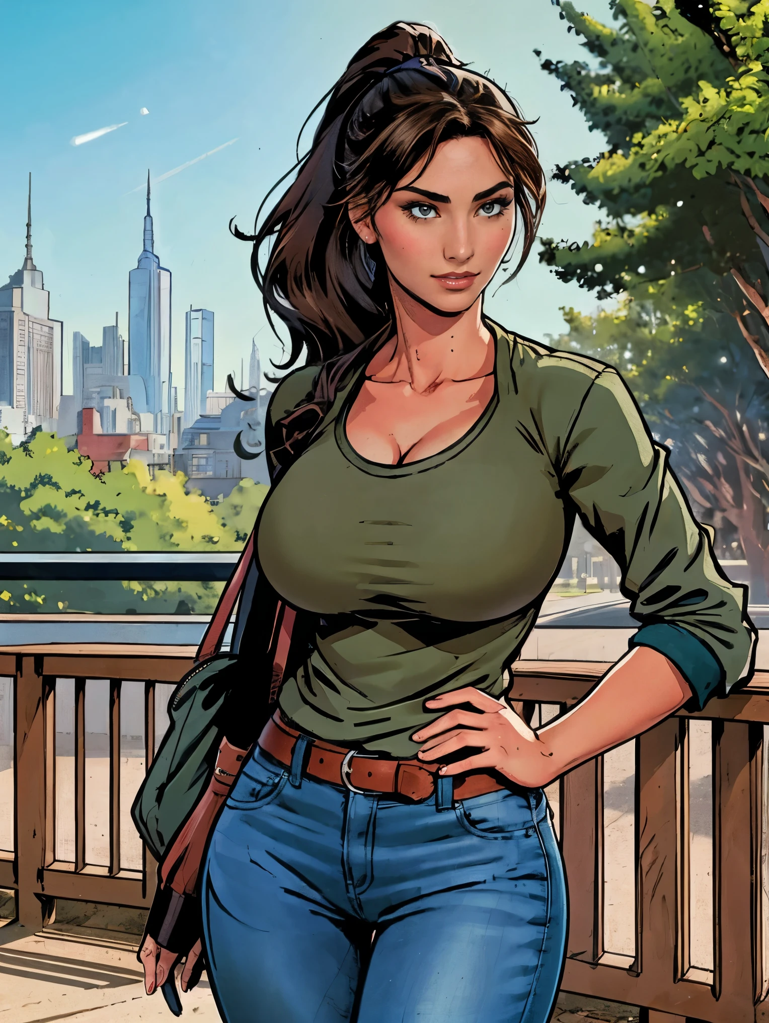 (masterpiece, top quality, best quality, official art, beautiful and aesthetic:1.2), (1girl:1.3), dark brown hair pulled back, elegant updo, extremely detailed, portrait, looking at viewer, facing viewer, solo, (full body:0.6), detailed background, close up, kindly eyes, (warm summer park theme:1.1), busty woman, charlatan, smirk, mysterious, long hair, huge ponytail, slim, thin, athletic, womanly, elastic woman, dark green jacket, tank top, blue jeans, hair bandana, camera bag, brunette, city, heroic, cheerful, city exterior, park, street, daylight, soft lighting, natural lighting, athletic, strong, slim waist, slim hips, long legs, muscular legs, modern (city park exterior:1.1) background, bright mysterious lighting, shadows, magical atmosphere, dutch angle,