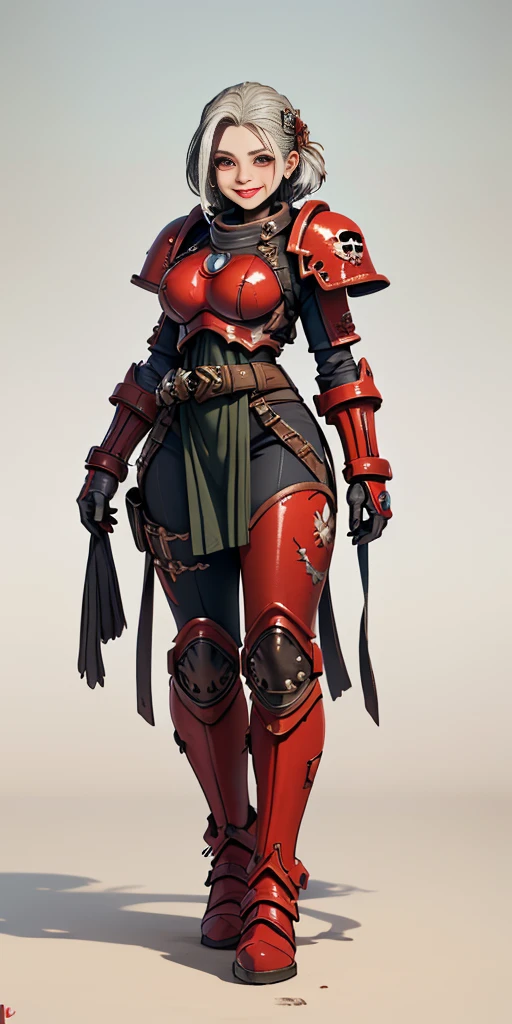 (masterpiece, best quality, 4k, 1girlsolo, 1MILF, mmplatz, smile, red cheeks, plain background:1.2) perfect face, perfect lighting, mature whsororitas with gloves red gauntlets in her hands like Cammy White from Street Fighter, bob white hair, warhammer 40k power armor suit with loincloth, red eyes like rubies, full body RED armor, view from below, looking to the viewer, arms to the sides empty hands, RED military boots, silver skull ornament attached to crossing 2 belt wide hips, 2 long legs, Female Knight (Final Fantasy Tactics)