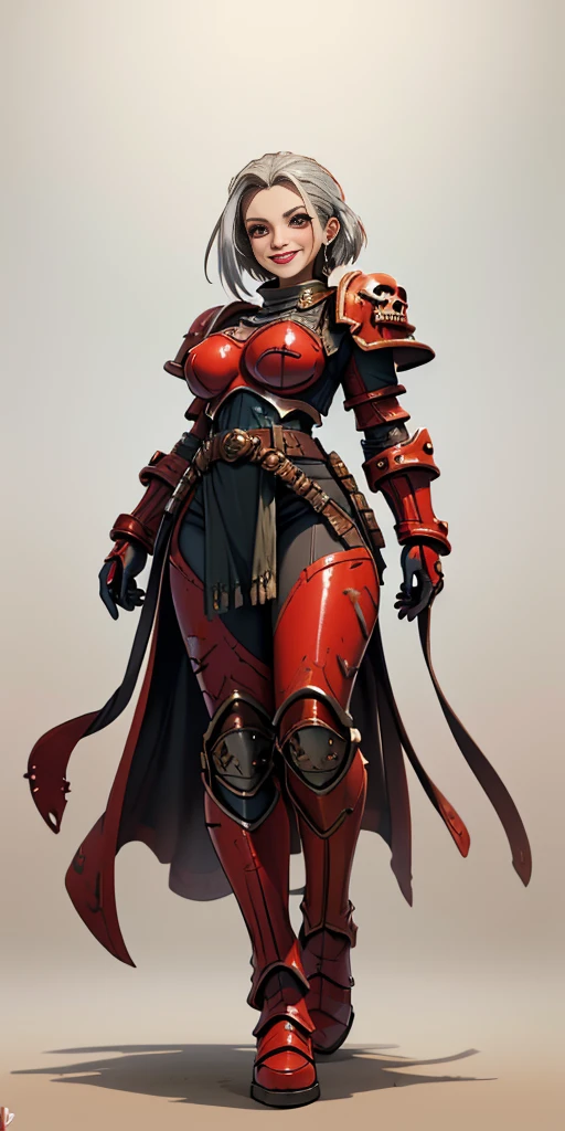 (masterpiece, best quality, 4k, 1girlsolo, 1MILF, mmplatz, smile, red cheeks, plain background:1.2) perfect face, perfect lighting, mature whsororitas with gloves red gauntlets in her hands like Cammy White from Street Fighter, bob white hair, warhammer 40k power armor suit with loincloth, red eyes like rubies, full body RED armor, view from below, looking to the viewer, arms to the sides empty hands, RED military boots, silver skull ornament attached to crossing 2 belt wide hips, 2 long legs, Female Knight (Final Fantasy Tactics)