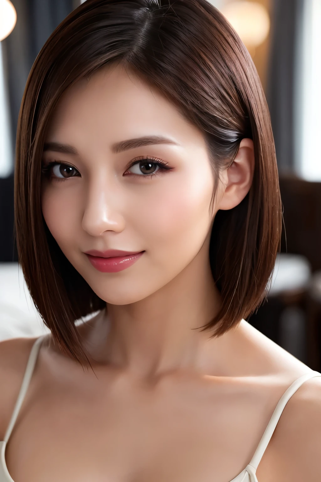highest quality. Tabletop, 8k, Best image quality, Award-winning works, One Girl, , Perfect V-neck long knit red sweater, Upper body shot from the waist up, (Facing forward), Red eyeshadow, Perfect Makeup, Long eyelashes, Ultra-high definition sparkling eyes, Ultra HD Hair, Ultra High Resolution Glossy Lips, , Ultra HD cute face, Brown Hair, Very short straight hair, Look at me and smile, clavicle, Accurate anatomy, Face close-up, Luxury Love Hotel, The most atmospheric and warm lighting, Blurred Background