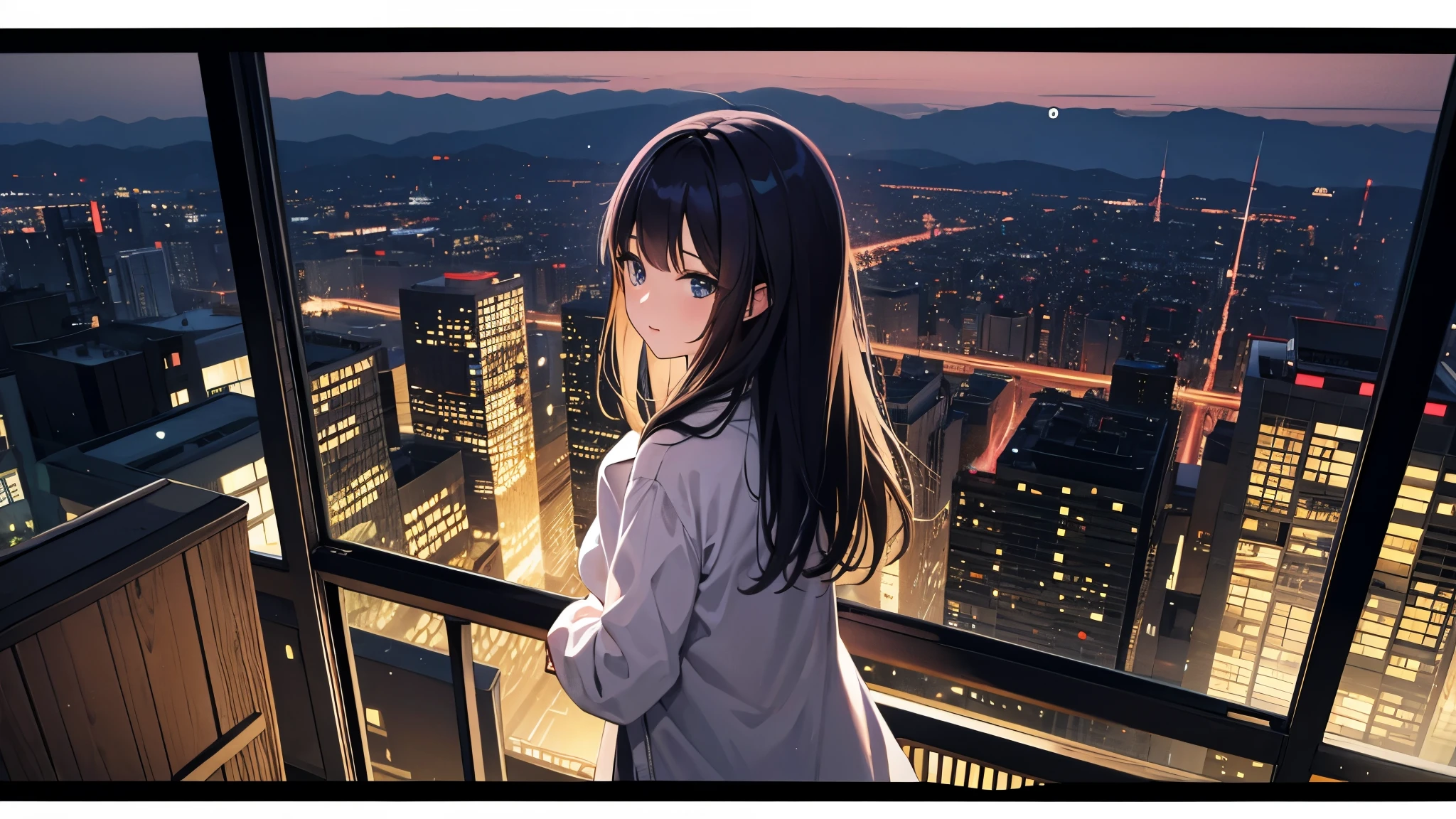 A window overlooking the night view of the city、Anime characters、woman