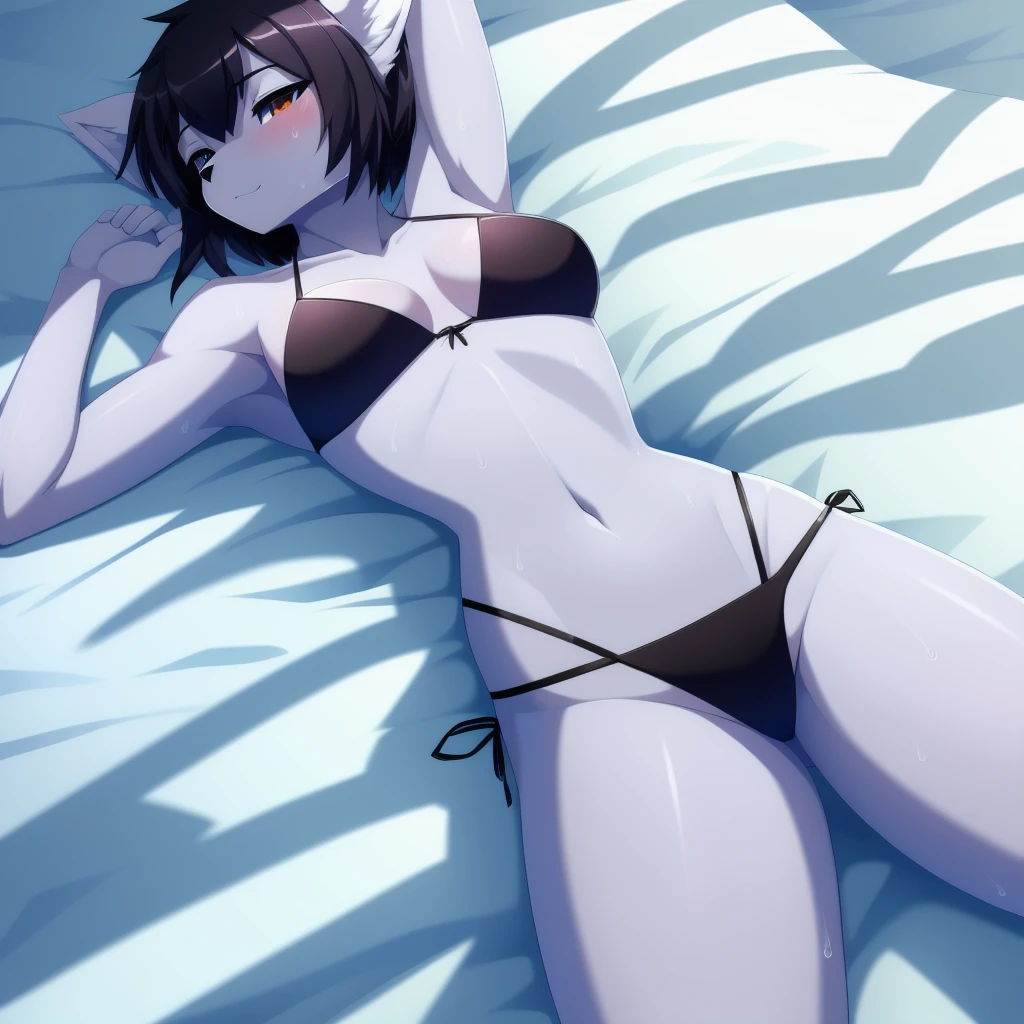 Glacier,furry,Chest 87,Waist 57,Thigh 86,Good resolution,go lie on the bed,wearing a black bikini,Good light and shadow details,shade,sexy body,Sweating