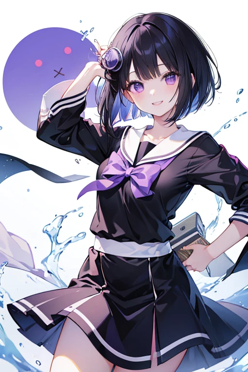anime風のかわいい女の子,High resolution,Black Hair,Bob,fine,Active,Beautiful purple eyes,smile, A big smile、Short Hair、Light purple eyes、Beautiful eyes、Character portrait、Cute pose、Cute clothes、Sailor suit、Round eyes、Long eyelashes、anime、Shining Eyes、Cute face、楽しいsmile、Fashionable clothes、Simple Background、so beautiful、Active、Black Hair、one piece、