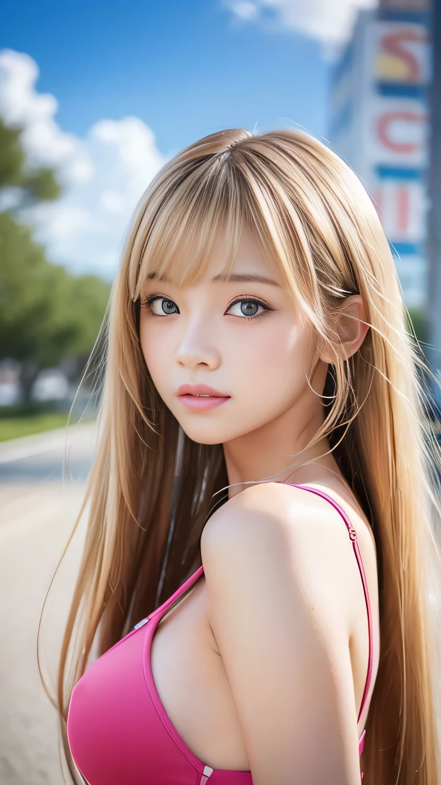 Sexy big 、Sexy cute looks and cute  beautiful girl, Beautiful and sexy face、A strong wind blows my hair in front of my face、With straight blonde hair、Beautiful, cute and sexy eyes hidden behind long bangs