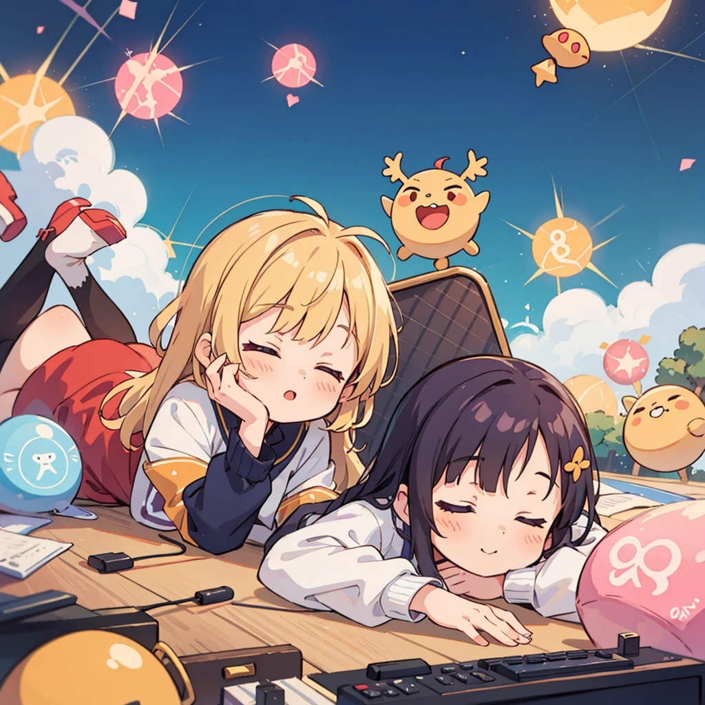 Cute girls lying down with their heads in the center in anime quality, 5Idol girls, band, guitar, drums, keyboard, Sleeping in a circle, Radial, Jacket illustration, arious pose, Kyoto Animation,