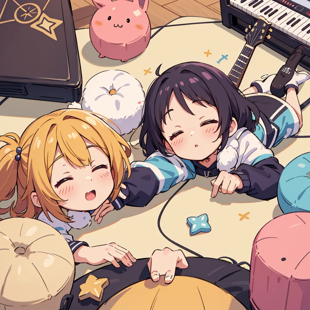 Cute girls lying down with their heads in the center in anime quality, 5Idol girls, band, guitar, drums, keyboard, Sleeping in a circle, Radial, Jacket illustration, arious pose, Kyoto Animation,