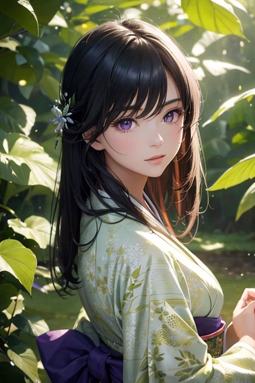 (a girl:1.1, a beautiful woman:1.1, purple-eyed:1.1) stands in a (bright:1.1, fresh:1.1) (green leaf world:1.1). She has (long black hair:1.1) flowing down her back, wearing a (long-sleeved kimono:1.1). The woman's (purple eyes:1.1) are (extremely detailed:1.1) and captivating, (sparkling:1.1) with (light:1.1). The (leaf world:1.1) is filled with (scattering leaves of light:1.1), (flying green light:1.1), and (floating crystal fragments:1.1), creating a (sparkling:1.1) and (fresh:1.1) ambiance. The scene is (vivid:1.1) and (refreshing:1.1), with an abundance of (fresh greenery:1.1). The (lighting:1.1) highlights the woman's beauty, casting a (beautiful:1.2) (soft glow:1.1) on her skin. The overall image is (ultra-detailed:1.1) and (photorealistic:1.37), resembling a (masterpiece:1.2) in (high resolution:1.1).