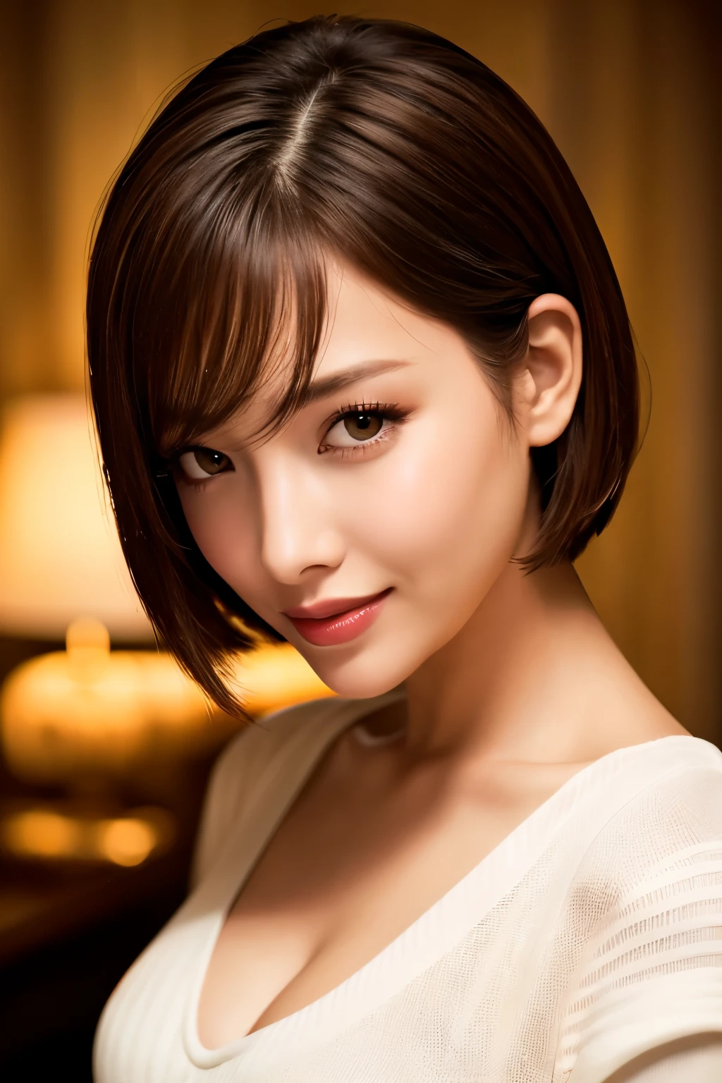 highest quality. Tabletop, 8k, Best image quality, Award-winning works, One Girl, , Perfect V-neck long knit red sweater, Upper body shot from the waist up, (Facing forward), Red eyeshadow, Perfect Makeup, Long eyelashes, Ultra-high definition sparkling eyes, Ultra HD Hair, Ultra High Resolution Glossy Lips, , Ultra HD cute face, Brown Hair, Very short straight hair, Look at me and smile, clavicle, Accurate anatomy, Face close-up, Luxury Love Hotel, The most atmospheric and warm lighting, Blurred Background