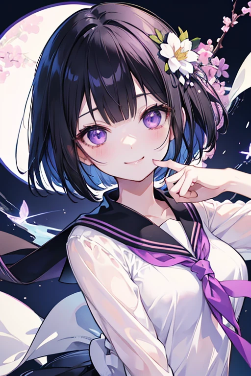 anime風のかわいい女の子,High resolution,Black Hair,Bob,fine,Active,Beautiful purple eyes,smile, A big smile、Short Hair、Light purple eyes、Beautiful eyes、Character portrait、Cute pose、Cute clothes、Sailor suit、Round eyes、Long eyelashes、anime、Shining Eyes、Cute face、楽しいsmile、Fashionable clothes、Simple Background、so beautiful、Active、Black Hair、one piece、Flower Hair Ornaments、
