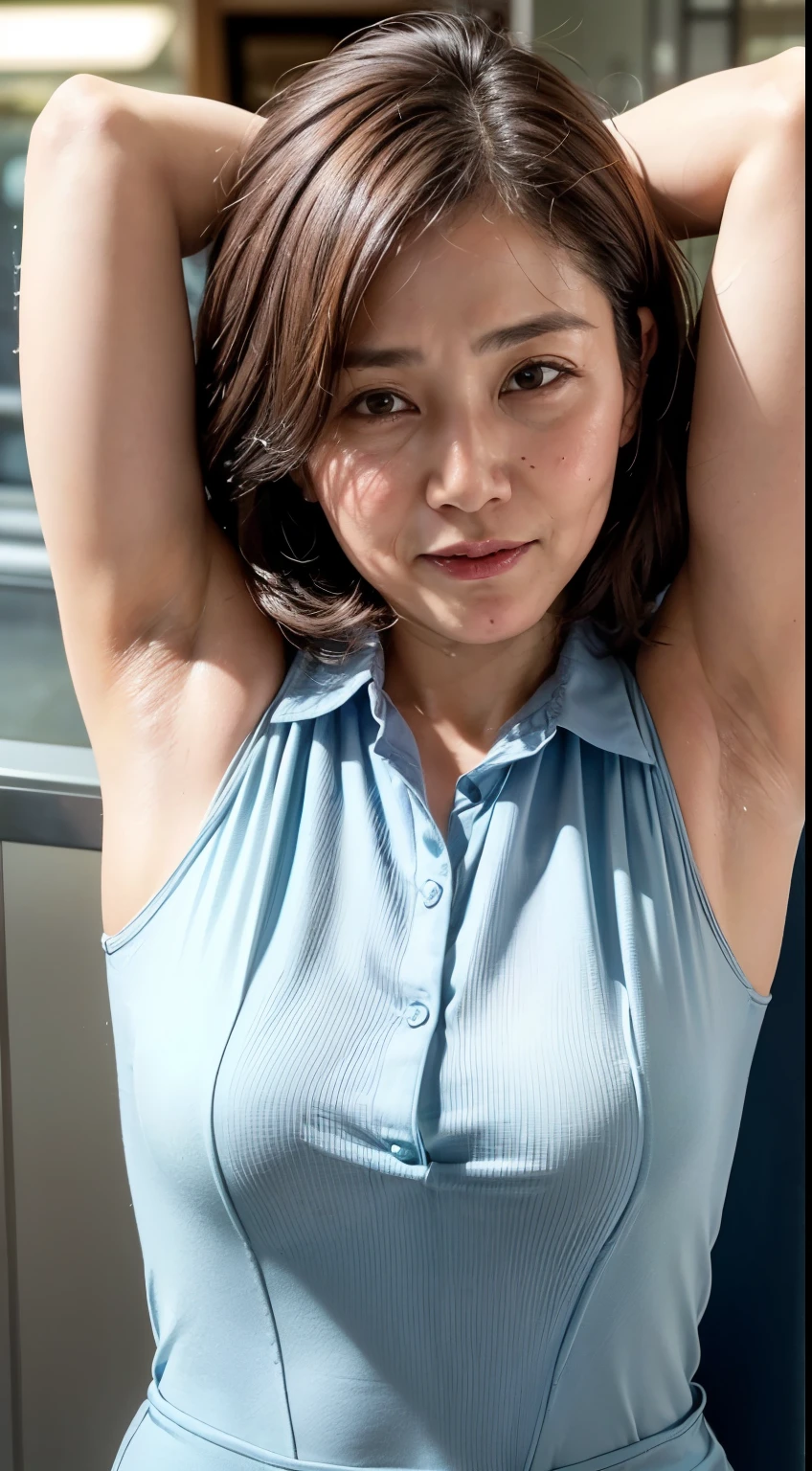 (Realistic:1.3、Ultra HD、Ultra-high resolution、8k、Japanese office lady、At work、White collared shirt、Sleep on your back)、((Looking at the camera:1.8))、(Extremely realistic skin texture:1.4)、(Realistic:1.3)、short hair、(Embarrassed expression:1.5)、(blonde:1.1)、(40-year-old woman、Mature Woman)、Ponytail hairstyle、(Raise both arms to show your armpits:1.3)、(Armpit close-up:1.4)、Visible nipples、Wet nipples、((Show off your nipples:1.3))