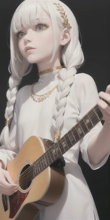 best quality, masterpiece,white hair, gold eyes,white clothes, looking up, upper body,hair strand,Fair skin,side braids. Playing guitar