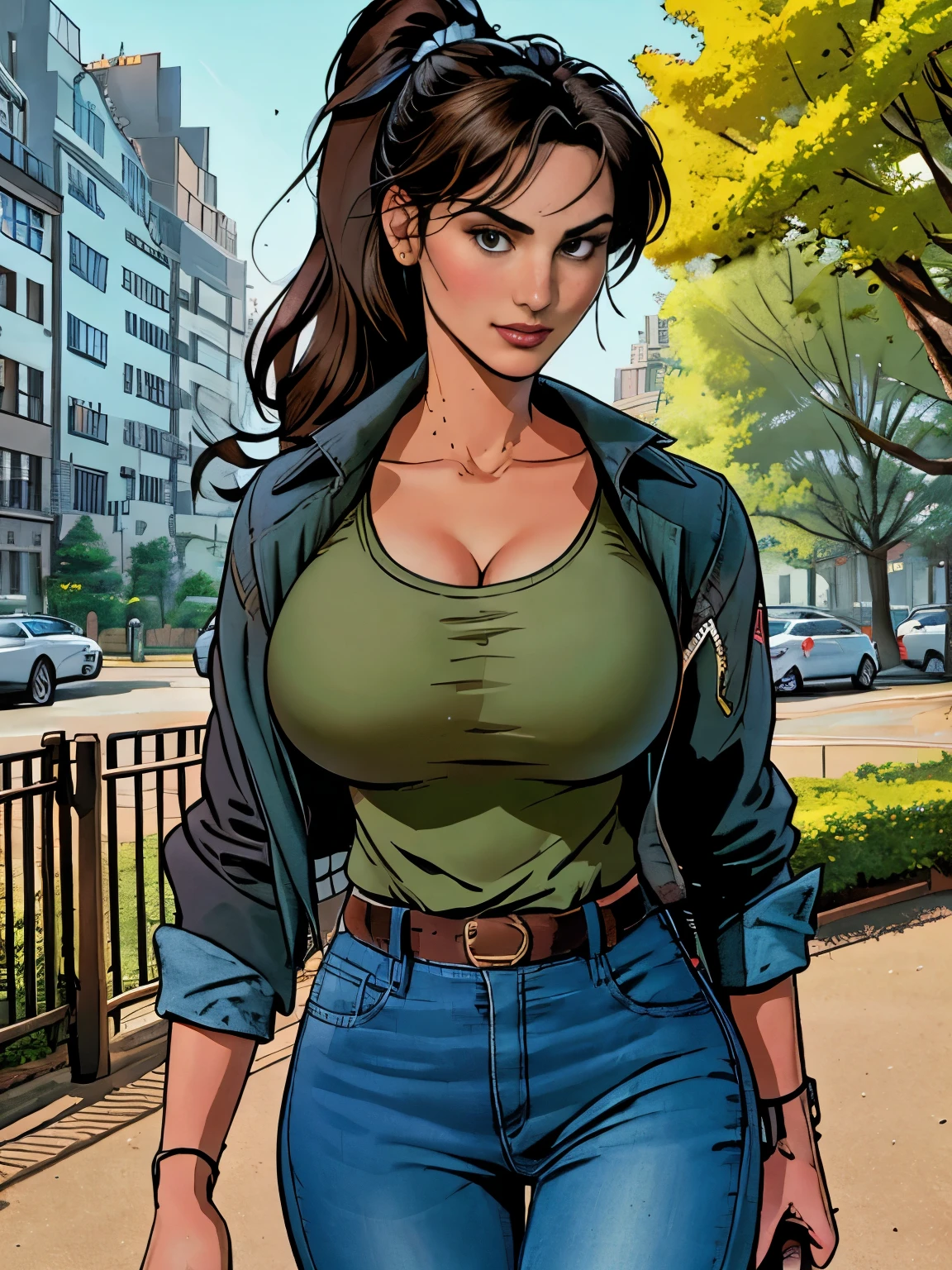 (masterpiece, top quality, best quality, official art, beautiful and aesthetic:1.2), (1girl:1.3), dark brown hair pulled back, elegant updo, extremely detailed, portrait, looking at viewer, facing viewer, solo, (full body:0.6), detailed background, close up, kindly eyes, (warm summer park theme:1.1), busty woman, charlatan, smirk, mysterious, long hair, huge ponytail, slim, thin, athletic, womanly, elastic woman, dark green jacket, tank top, blue jeans, hair bandana, camera bag, brunette, city, heroic, cheerful, city exterior, park, street, daylight, soft lighting, natural lighting, athletic, strong, slim waist, slim hips, long legs, muscular legs, modern (city park exterior:1.1) background, bright mysterious lighting, shadows, magical atmosphere, dutch angle, (Abigail Shapiro)