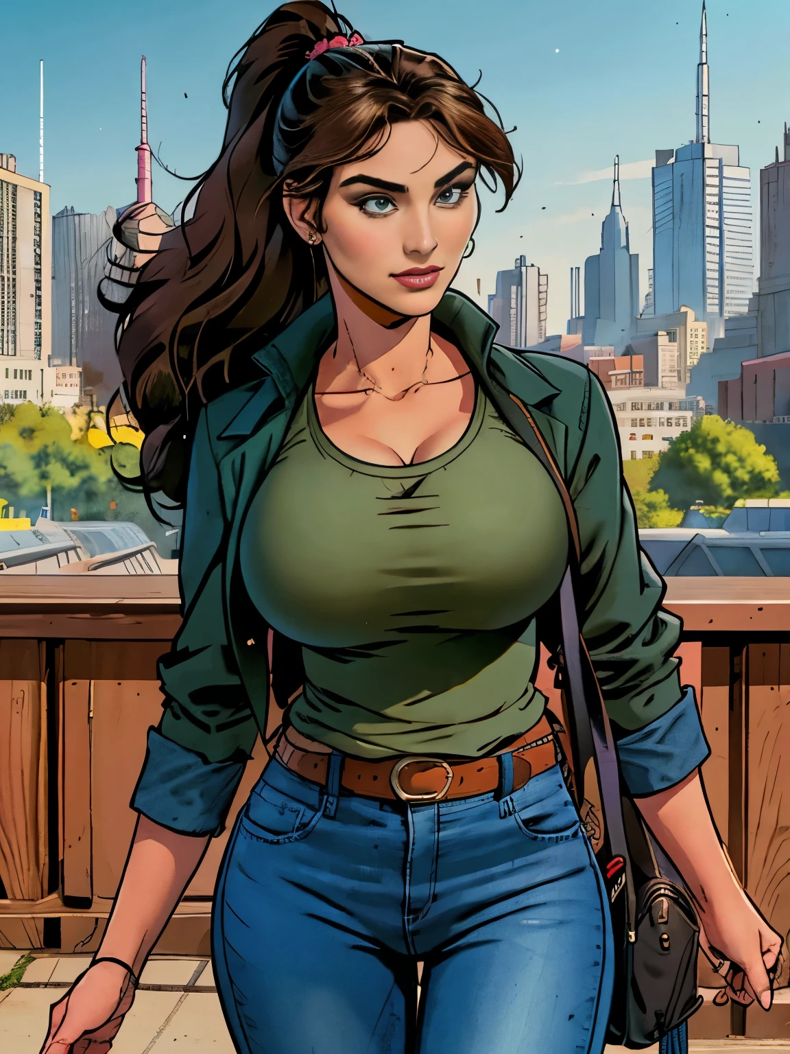 (masterpiece, top quality, best quality, official art, beautiful and aesthetic:1.2), (1girl:1.3), dark brown hair pulled back, elegant updo, extremely detailed, portrait, looking at viewer, facing viewer, solo, (full body:0.6), detailed background, close up, kindly eyes, (warm summer park theme:1.1), busty woman, charlatan, smirk, mysterious, long hair, huge ponytail, slim, thin, athletic, womanly, elastic woman, dark green jacket, tank top, blue jeans, hair bandana, camera bag, brunette, city, heroic, cheerful, city exterior, park, street, daylight, soft lighting, natural lighting, athletic, strong, slim waist, slim hips, long legs, muscular legs, modern (city park exterior:1.1) background, bright mysterious lighting, shadows, magical atmosphere, dutch angle, (Abigail Shapiro)