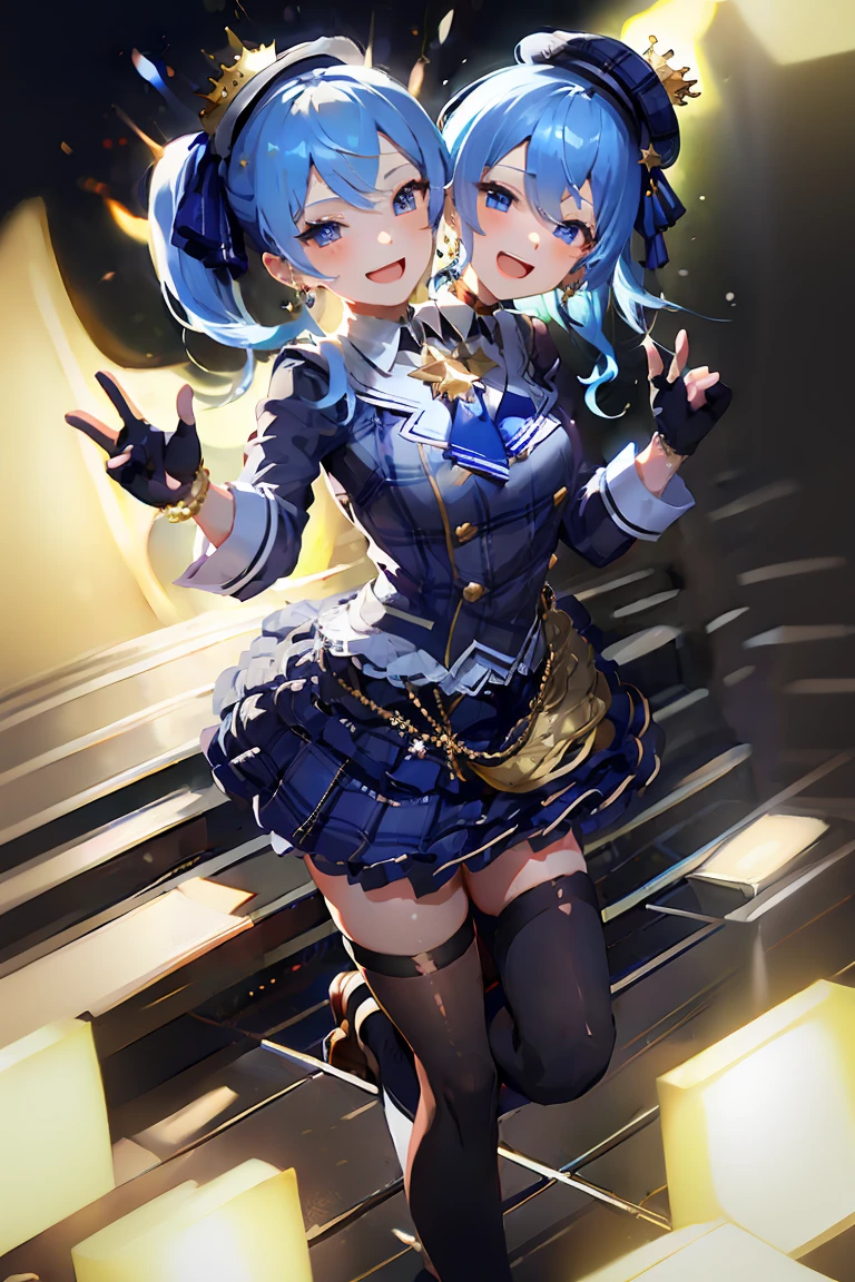 (masterpiece, best quality), best resolution, (2heads:1.5), dynamic angle, HoshimachiSuisei, side ponytail, blue hair ribbon, SuiseiBase, plaid beret, crown, blue star choker, star earrings, blue ascot, plaid jacket, plaid skirt, layered skirt, partially fingerless gloves, star bracelet, uneven legwear, thigh strap, standing, waving hands, smile, open mouth, singing, look at viewer, happy, (wink), concert stage, starfield, spotlight