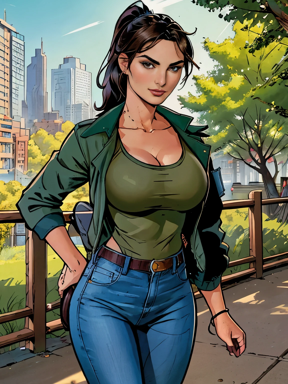 (masterpiece, top quality, best quality, official art, beautiful and aesthetic:1.2), (1girl:1.3), dark brown hair pulled back, elegant updo, extremely detailed, portrait, looking at viewer, facing viewer, solo, (full body:0.6), detailed background, close up, kindly eyes, (warm summer park theme:1.1), busty woman, charlatan, smirk, mysterious, long hair, huge ponytail, slim, thin, athletic, womanly, elastic woman, dark green jacket, tank top, blue jeans, hair bandana, camera bag, brunette, city, heroic, cheerful, city exterior, park, street, daylight, soft lighting, natural lighting, athletic, strong, slim waist, slim hips, long legs, muscular legs, modern (city park exterior:1.1) background, bright mysterious lighting, shadows, magical atmosphere, dutch angle,