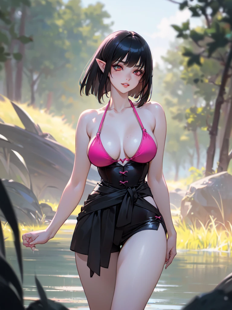 SFW (masterpiece, best quality, 32k) a age girl with medium black hair ((stark black hair, dark black hair, bangs, straight hair, bob, inverted bob, stylish bob)), ((pink eyes, ruby eyes, red eyes, brown eyes, bright eyes, beautiful eyes, detailed eyes, finely detailed eyes, highly detailed eyes)), ((youthful face, beautiful face, cute face, sexy face)), ((dark eyeshadow, dark eyeliner, full lips, small pointy ears)), ((pale skin:1.5, white skin, porcelain skin, smooth skin, soft skin)), standing, walking, outside, outdoors, lake, forest, sky, clouds, simple background. ((hot pink bikini)), ((huge breasts:1.7, round breasts:1.3, perky breasts:1.3)), ((slim:1.5, lithe:1.5, slender:1.5, thin:1.5, svelte:1.5, busty:1.2, buxom:1.2, supermodel body:1.2, fit body:1.2)), ((round hips, thin waist, waspish waist, slim waist)), ((long legs, slender legs)), small smile ((full lips)), calm expression, content expression, serene expression, happy expression, open eyes, large eyes, expressive eyes, head-to-waist portrait, cinematics, color oil painting, cinematic lighting, ((extremely detailed face)), ((finely detailed face)), Extremely detailed eyes, finely detailed eyes, beautiful face, beautiful eyes, perfect lighting, depth of field, (realistic proportions), (good anatomy), ((solo:1.6)), ((1girl:1.6))