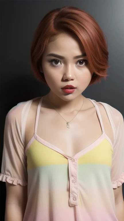 Very cute and baby-like face, Very cute and baby-like face, G-String, Angry pose, Angry face, (((MALAY GIRL))), masterpiece, High quality, UHD 45K, Realistic face, Realistic skin feeling , A Malay Lady, , Very cute and baby-like face, (((FLAT CHEST))), (MATRIX WORLD), ((look In front at the camera and SADNESS)), (((short red hair style))), (((CUTE GIRL))), ((PASTEL RED LIPS)), ((PASTEL YELLOW BLOUSE)), ((CHUBBY)).