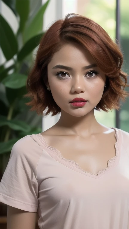 Very cute and baby-like face, Very cute and baby-like face, G-String, Angry pose, Angry face, (((MALAY GIRL))), masterpiece, High quality, UHD 45K, Realistic face, Realistic skin feeling , A Malay Lady, , Very cute and baby-like face, (((FLAT CHEST))), (MATRIX WORLD), ((look In front at the camera and SADNESS)), (((short red hair style))), (((CUTE GIRL))), ((PASTEL RED LIPS)), ((PASTEL YELLOW BLOUSE)), ((CHUBBY)).